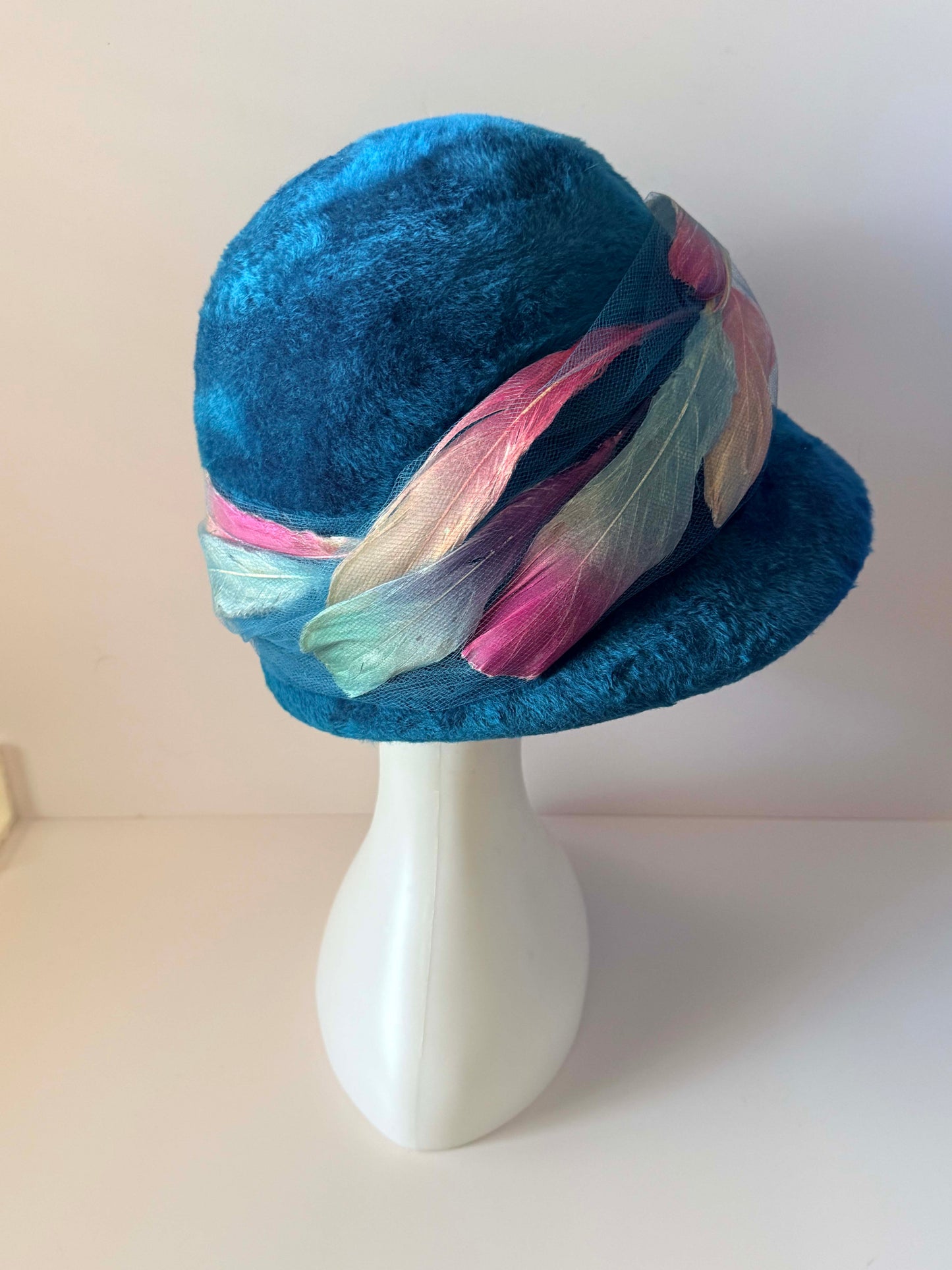 Vintage Christian Dior Chapeaux Turquoise Cloche Hat | Feather Trim Designer Hat | Paris New York Couture Millinery | 1960s Vintage Hat