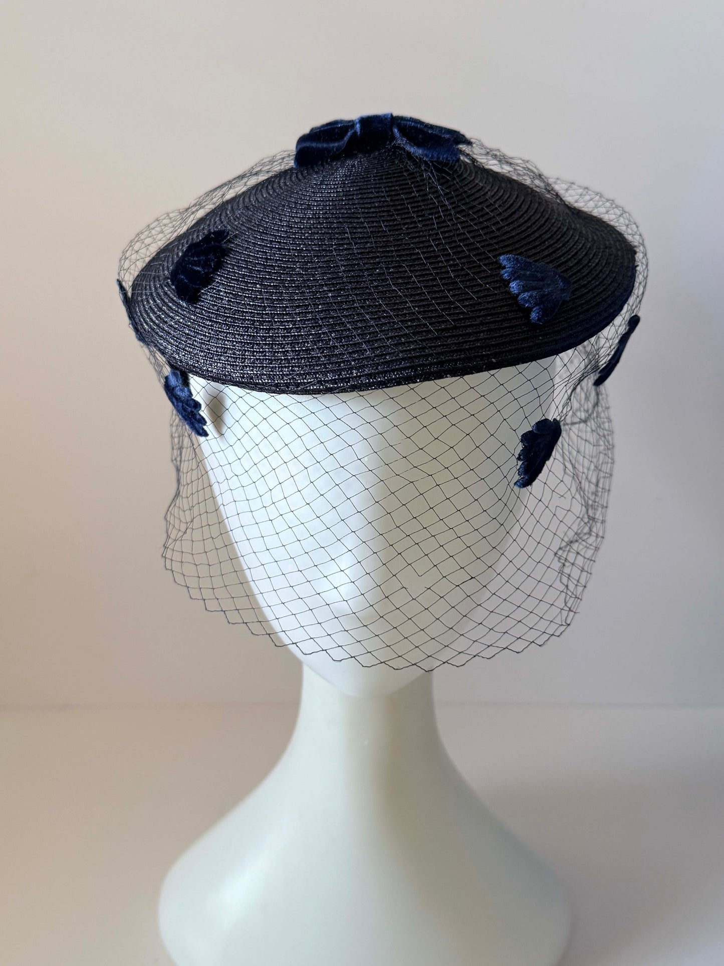 Vintage Navy Straw Half Hat & Veil Set | Two Piece Fascinator | Velvet Bow Cocktail Hat | Mid Century Designer Millinery