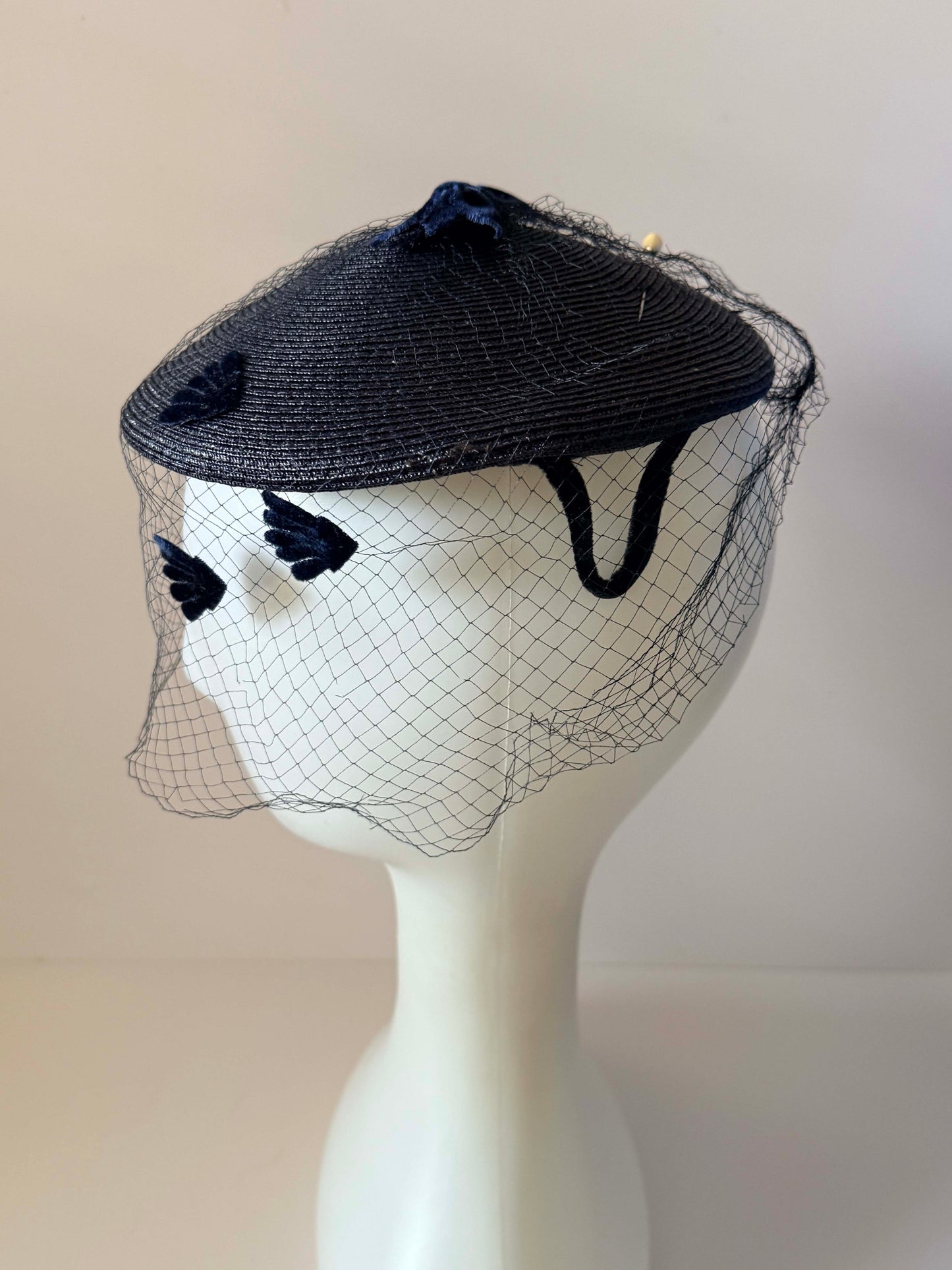 Vintage Navy Straw Half Hat & Veil Set | Two Piece Fascinator | Velvet Bow Cocktail Hat | Mid Century Designer Millinery