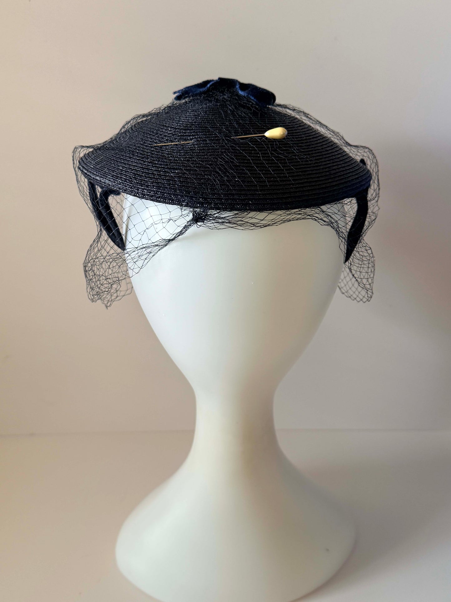 Vintage Navy Straw Half Hat & Veil Set | Two Piece Fascinator | Velvet Bow Cocktail Hat | Mid Century Designer Millinery