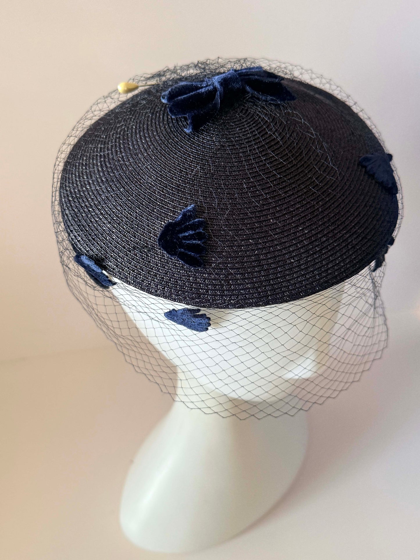 Vintage Navy Straw Half Hat & Veil Set | Two Piece Fascinator | Velvet Bow Cocktail Hat | Mid Century Designer Millinery