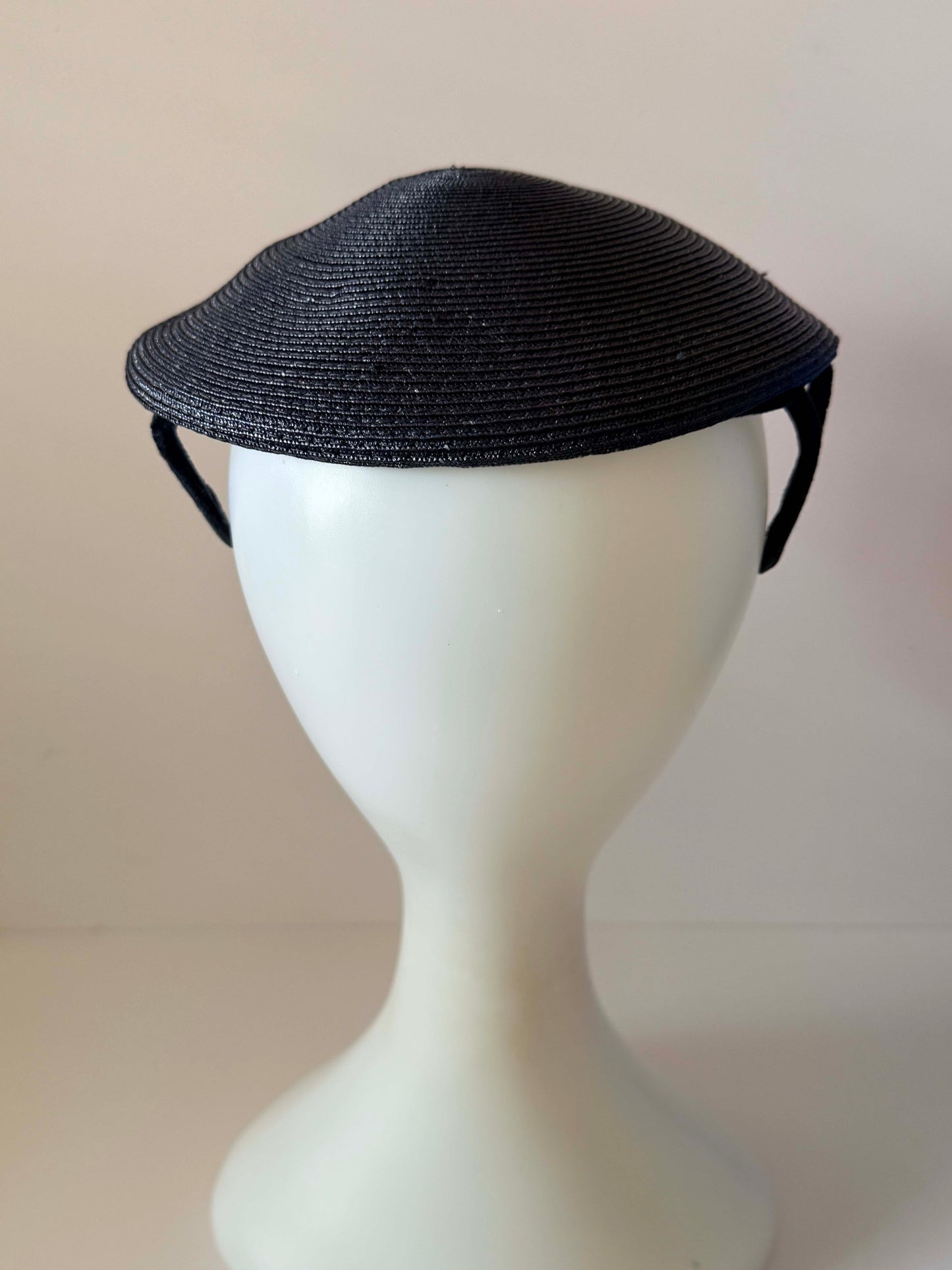 Vintage Navy Straw Half Hat & Veil Set | Two Piece Fascinator | Velvet Bow Cocktail Hat | Mid Century Designer Millinery