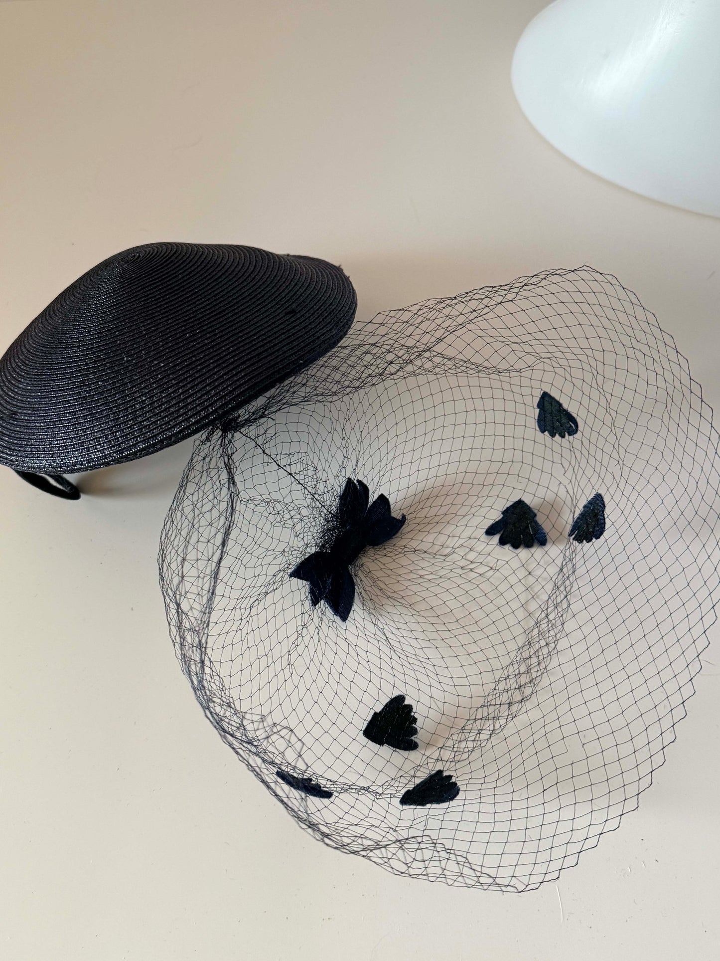Vintage Navy Straw Half Hat & Veil Set | Two Piece Fascinator | Velvet Bow Cocktail Hat | Mid Century Designer Millinery