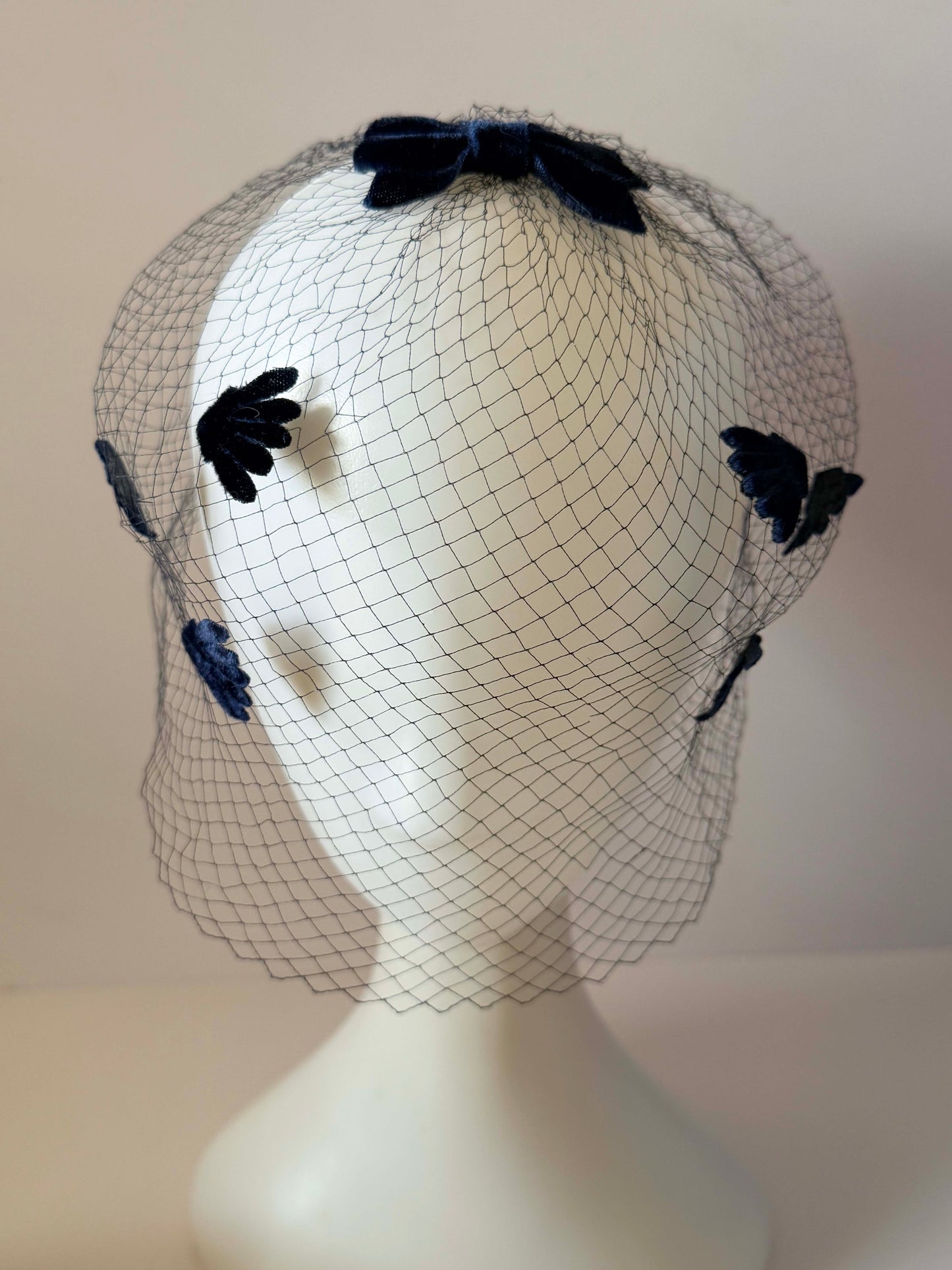 Vintage Navy Straw Half Hat & Veil Set | Two Piece Fascinator | Velvet Bow Cocktail Hat | Mid Century Designer Millinery