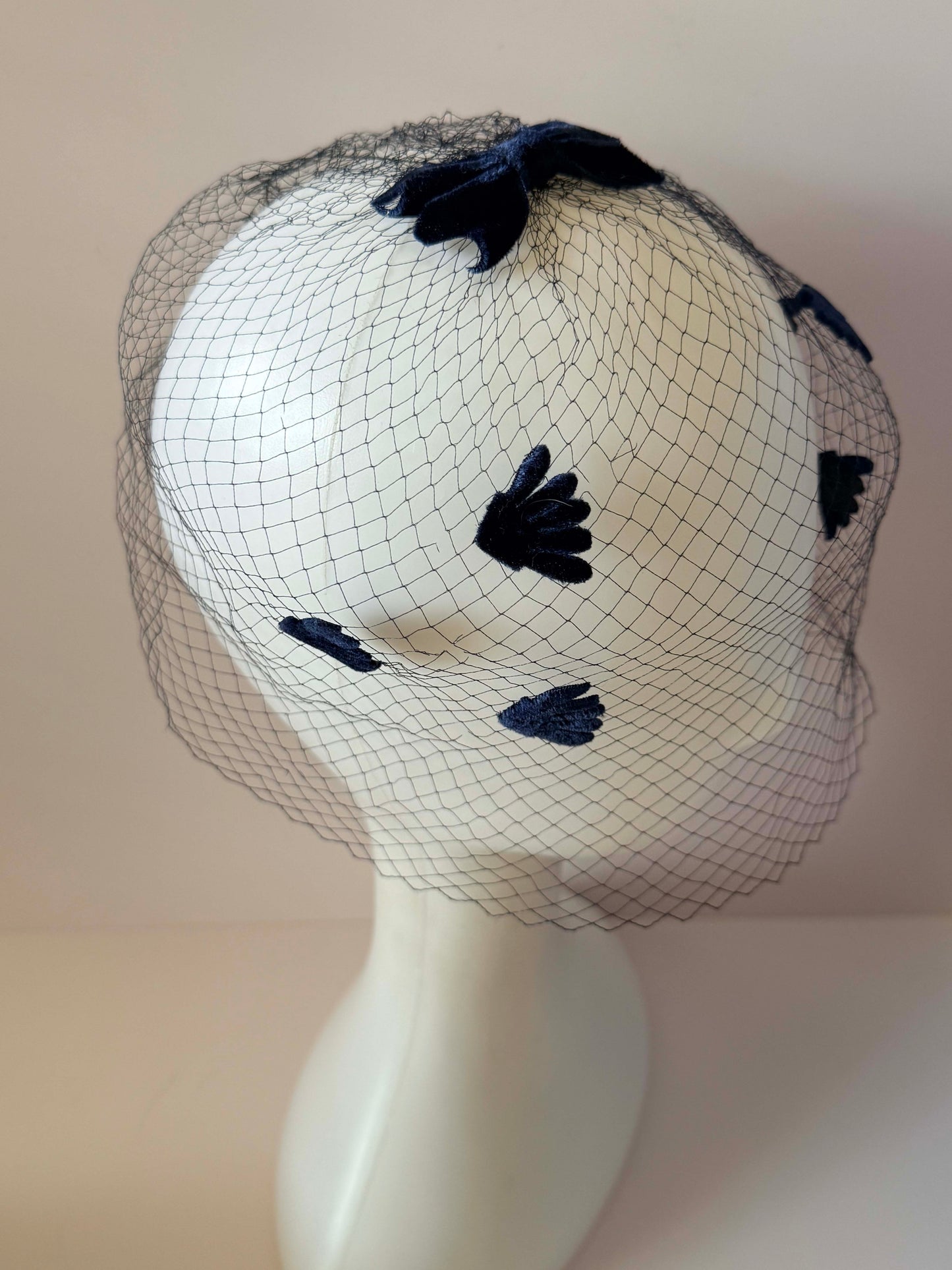 Vintage Navy Straw Half Hat & Veil Set | Two Piece Fascinator | Velvet Bow Cocktail Hat | Mid Century Designer Millinery