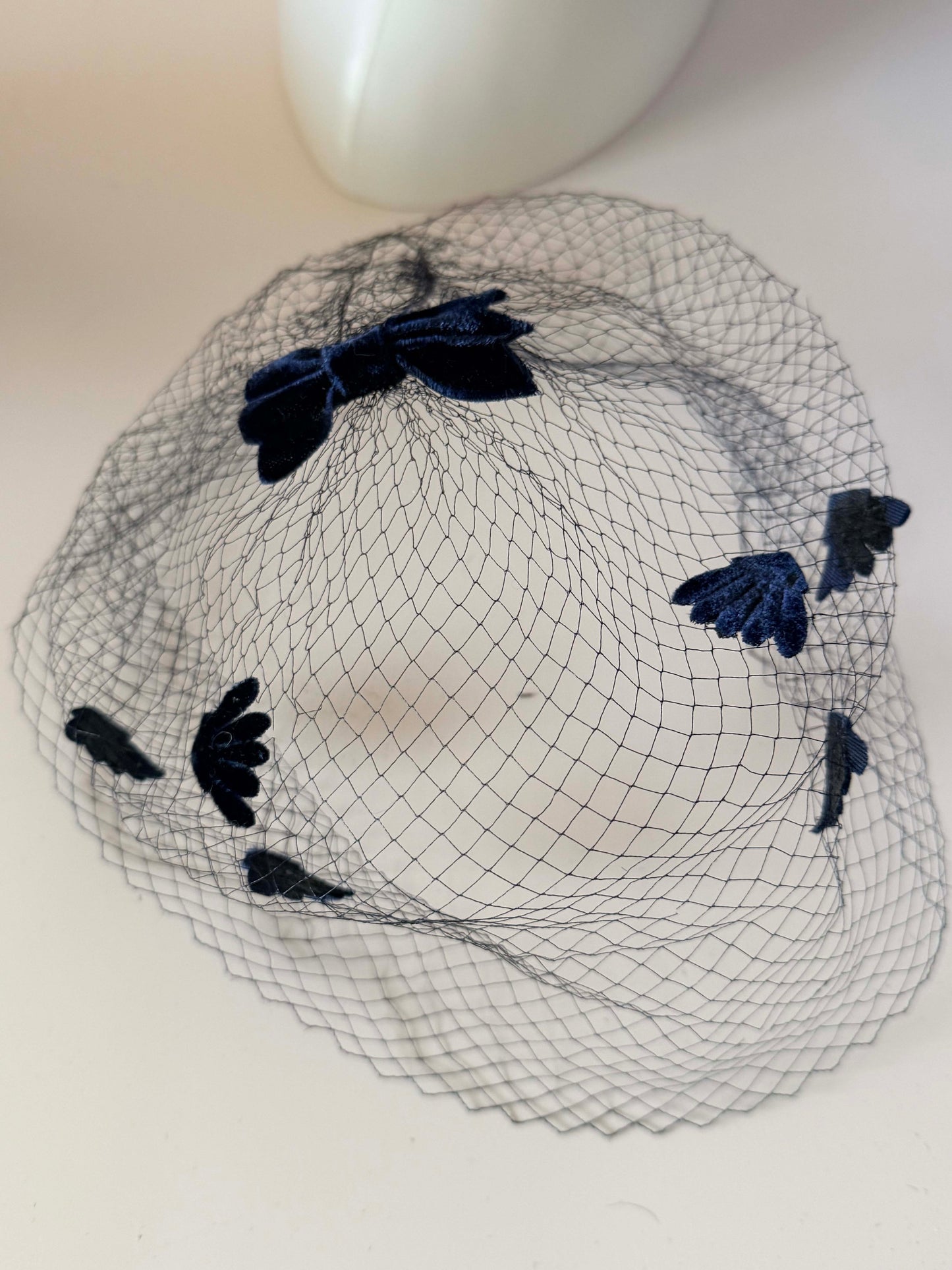 Vintage Navy Straw Half Hat & Veil Set | Two Piece Fascinator | Velvet Bow Cocktail Hat | Mid Century Designer Millinery