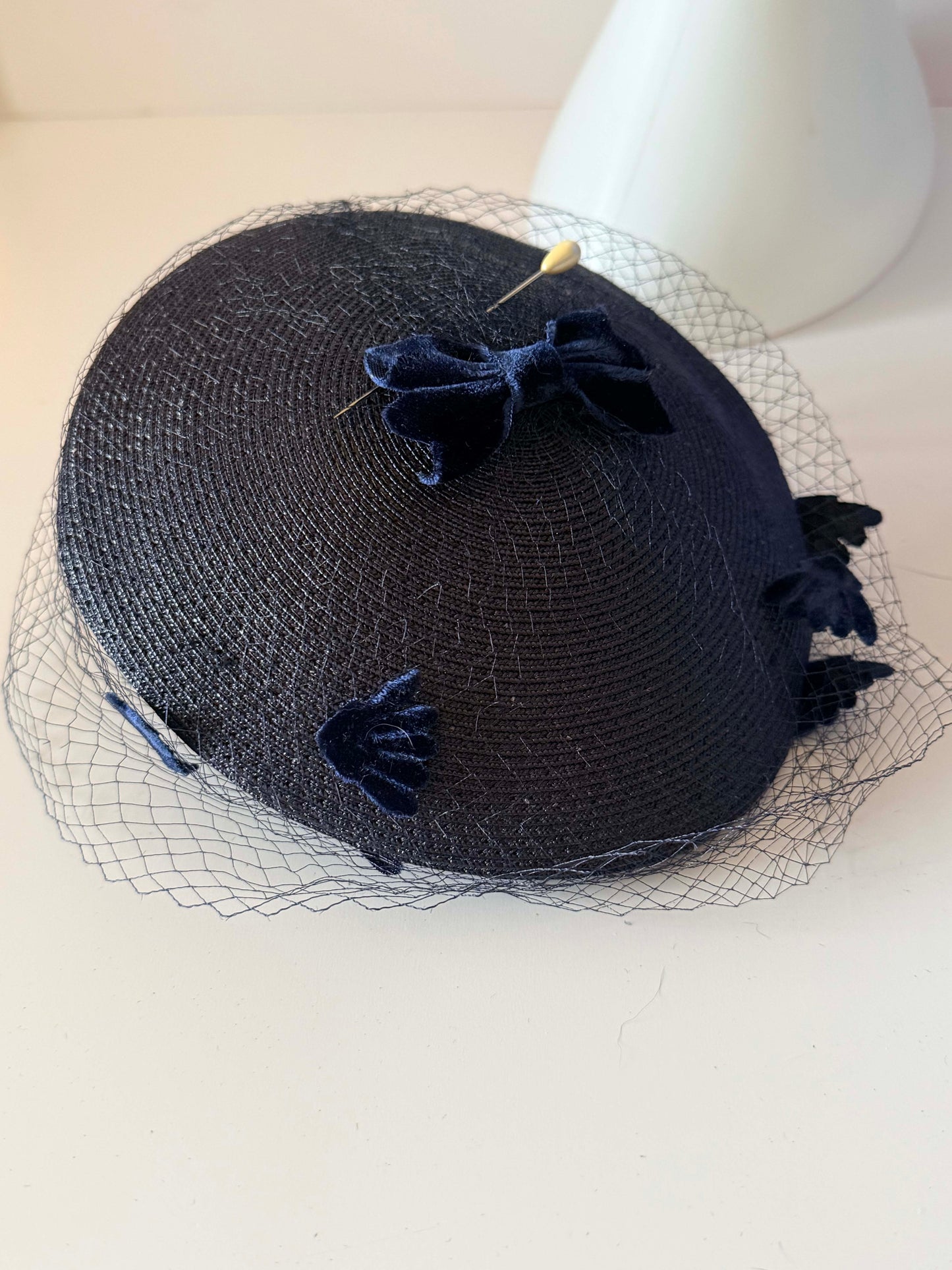 Vintage Navy Straw Half Hat & Veil Set | Two Piece Fascinator | Velvet Bow Cocktail Hat | Mid Century Designer Millinery