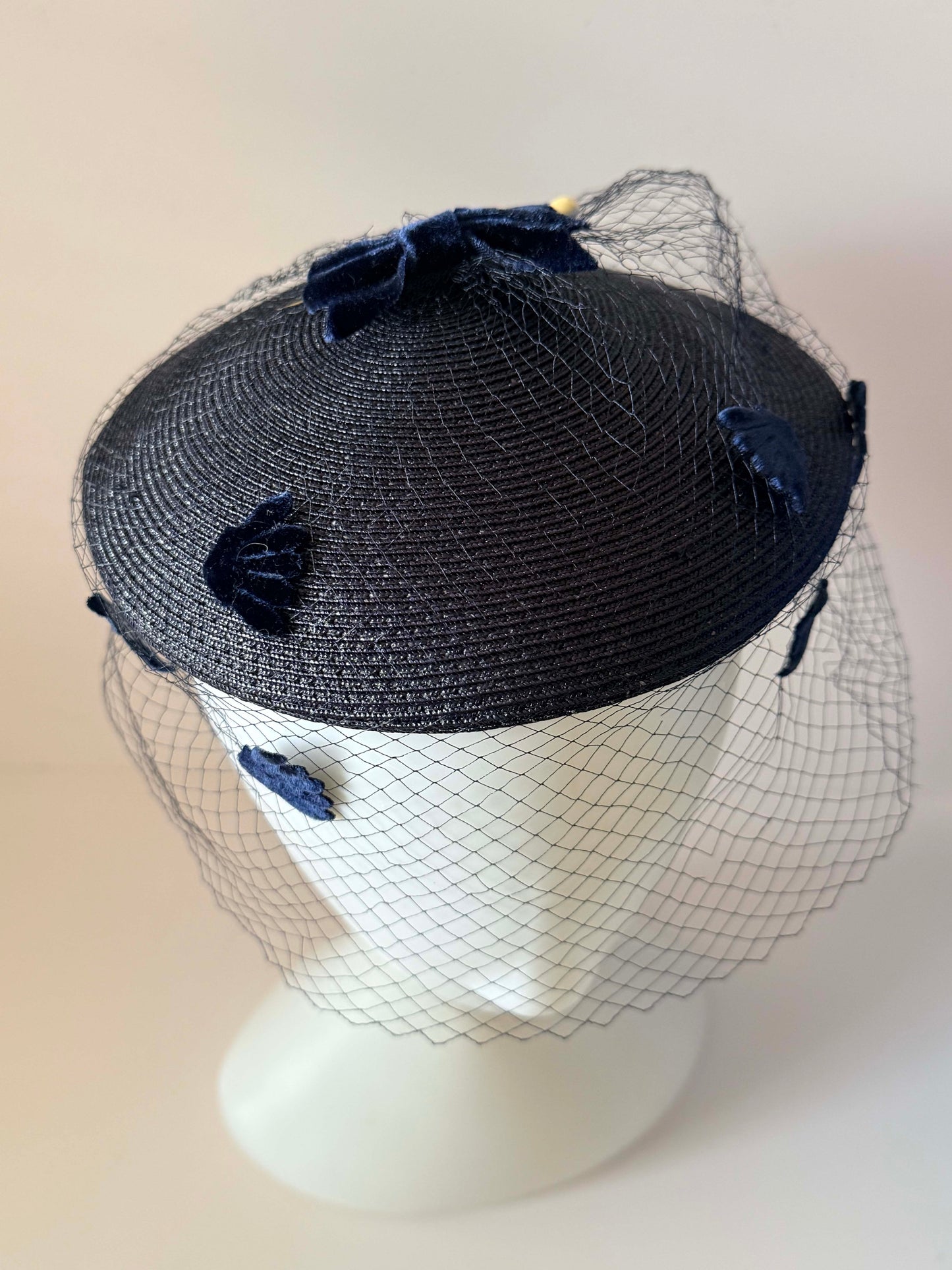Vintage Navy Straw Half Hat & Veil Set | Two Piece Fascinator | Velvet Bow Cocktail Hat | Mid Century Designer Millinery