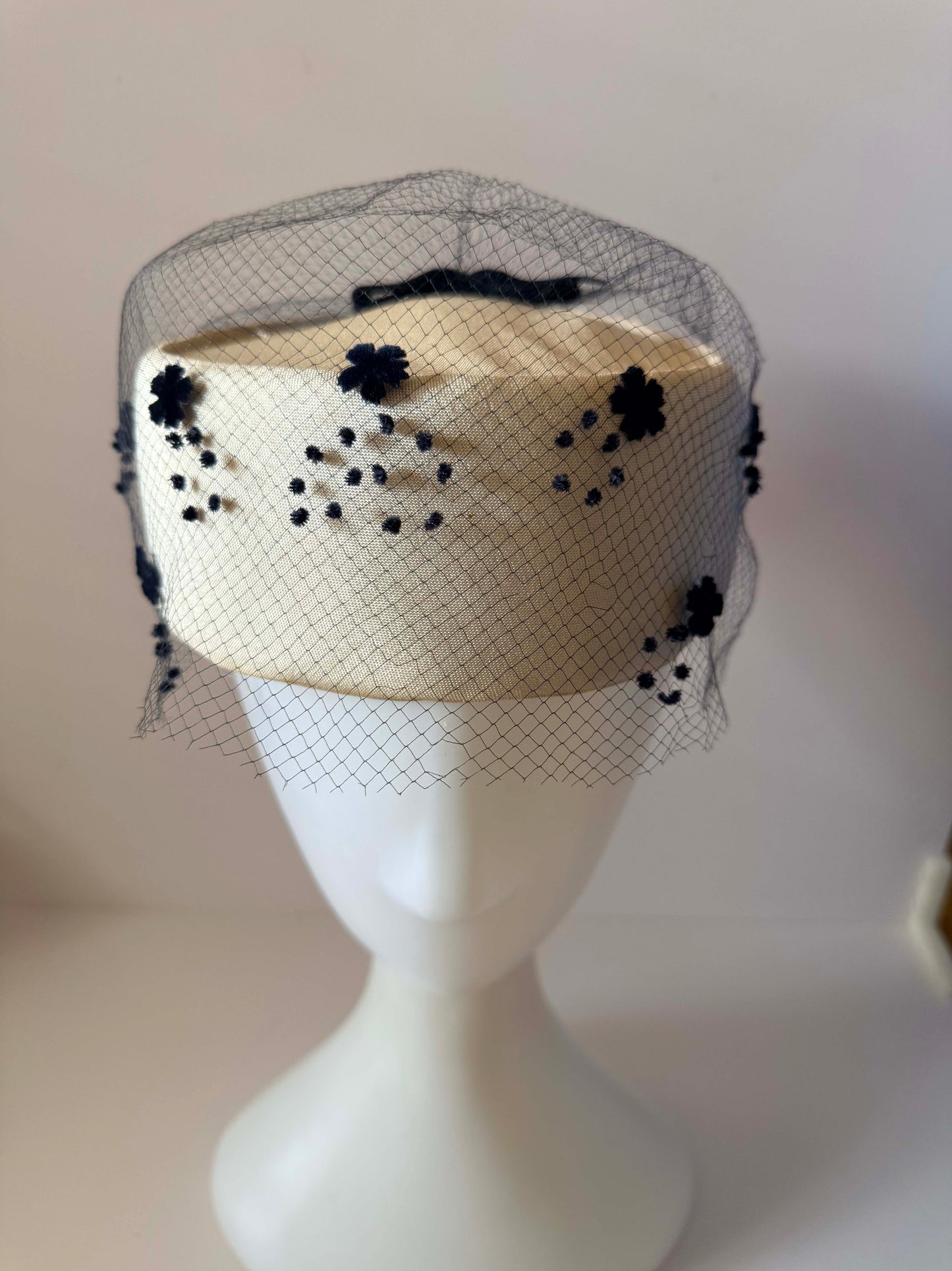 Vintage Judy Gay Pillbox Hat | Ivory Satin Hat with Black Flocked Veil | 1960s Cocktail Hat | Wedding Church Hat