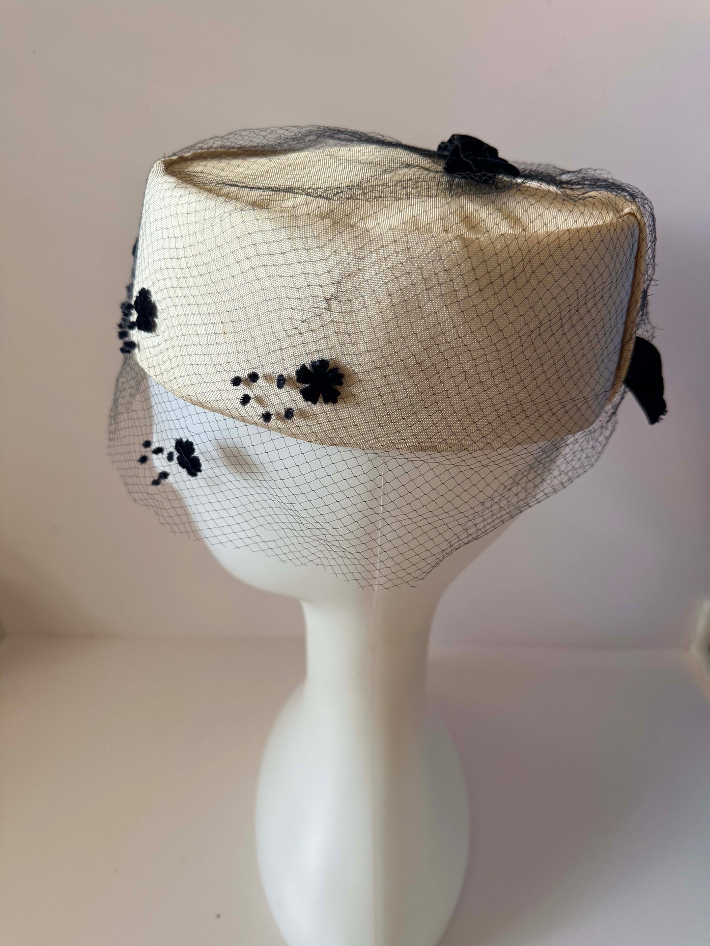 Vintage Judy Gay Pillbox Hat | Ivory Satin Hat with Black Flocked Veil | 1960s Cocktail Hat | Wedding Church Hat