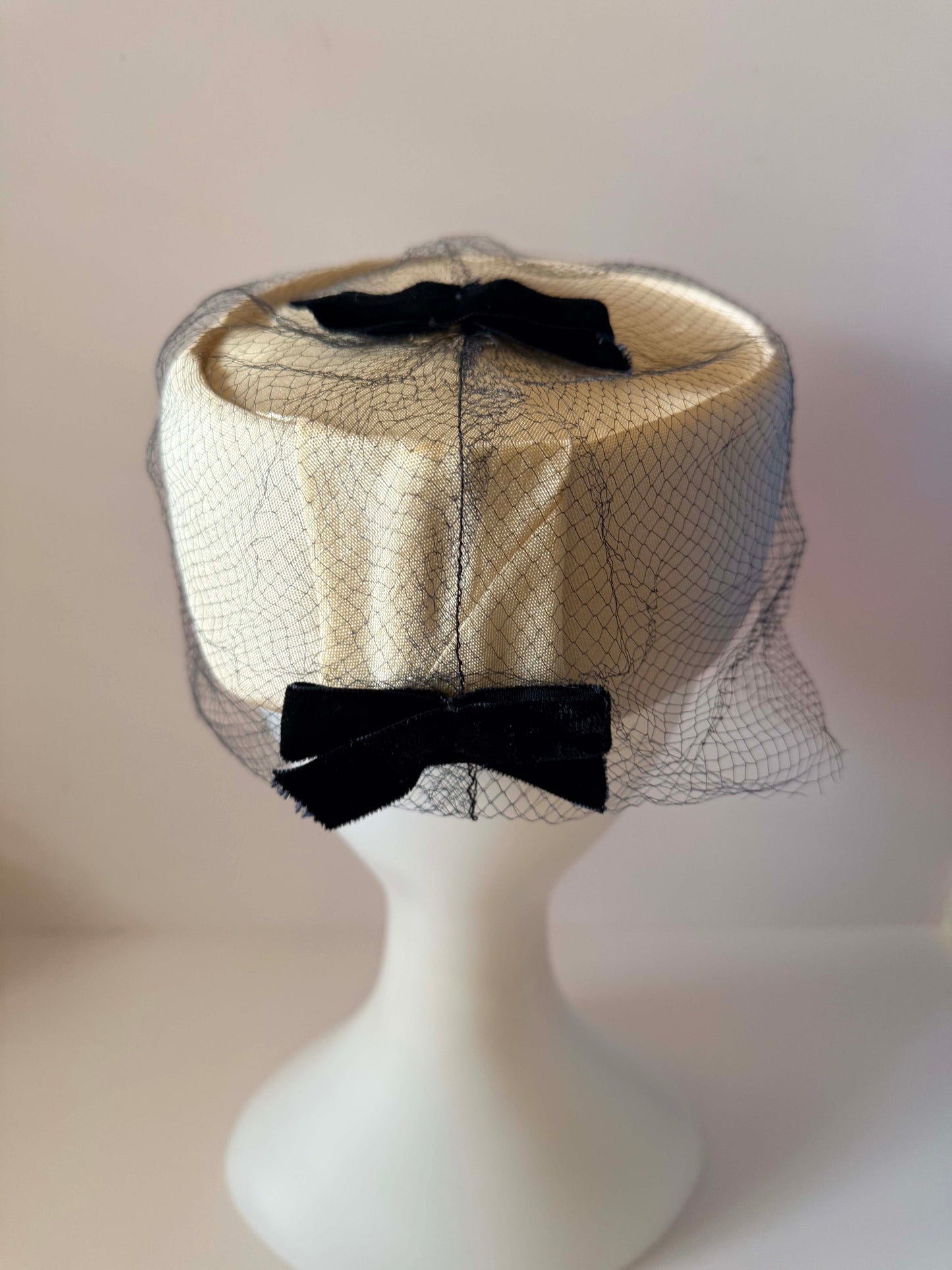 Vintage Judy Gay Pillbox Hat | Ivory Satin Hat with Black Flocked Veil | 1960s Cocktail Hat | Wedding Church Hat
