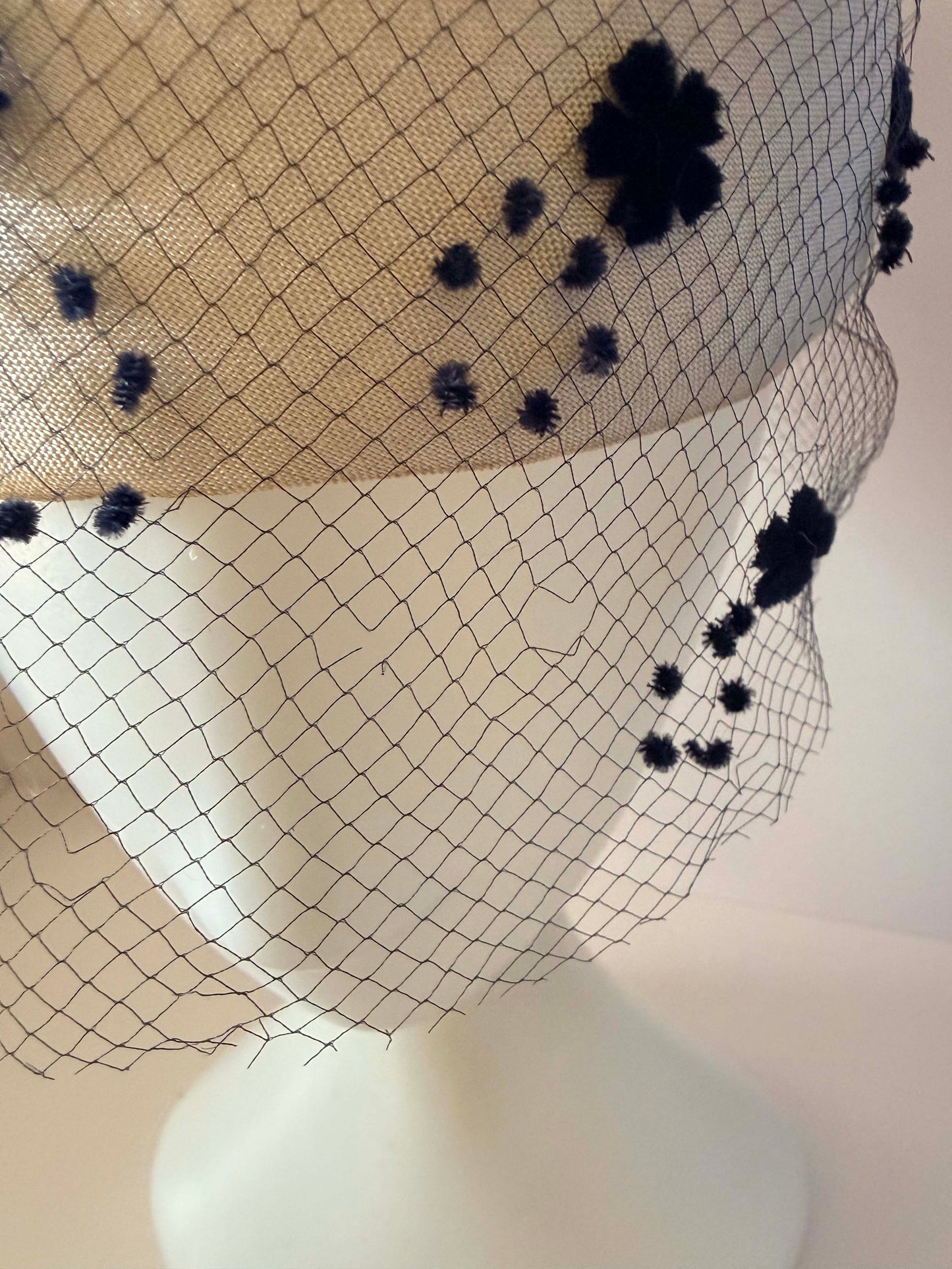 Vintage Judy Gay Pillbox Hat | Ivory Satin Hat with Black Flocked Veil | 1960s Cocktail Hat | Wedding Church Hat
