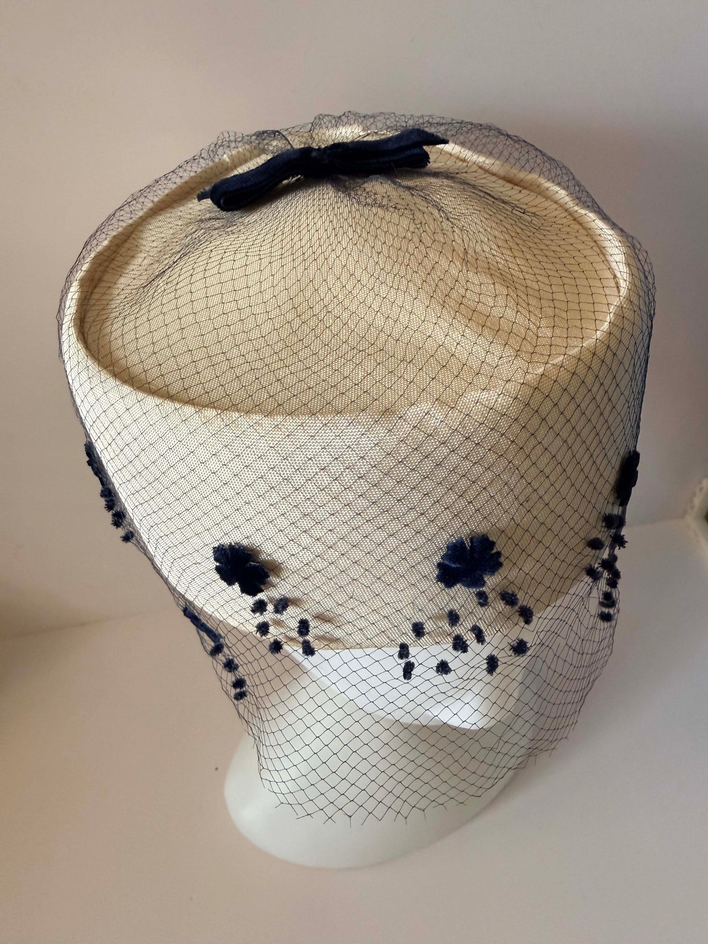 Vintage Judy Gay Pillbox Hat | Ivory Satin Hat with Black Flocked Veil | 1960s Cocktail Hat | Wedding Church Hat