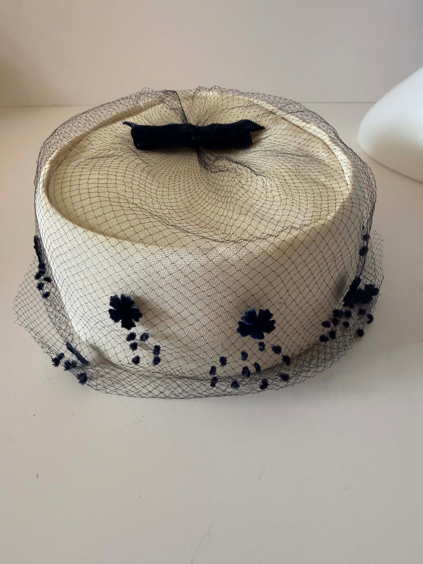 Vintage Judy Gay Pillbox Hat | Ivory Satin Hat with Black Flocked Veil | 1960s Cocktail Hat | Wedding Church Hat