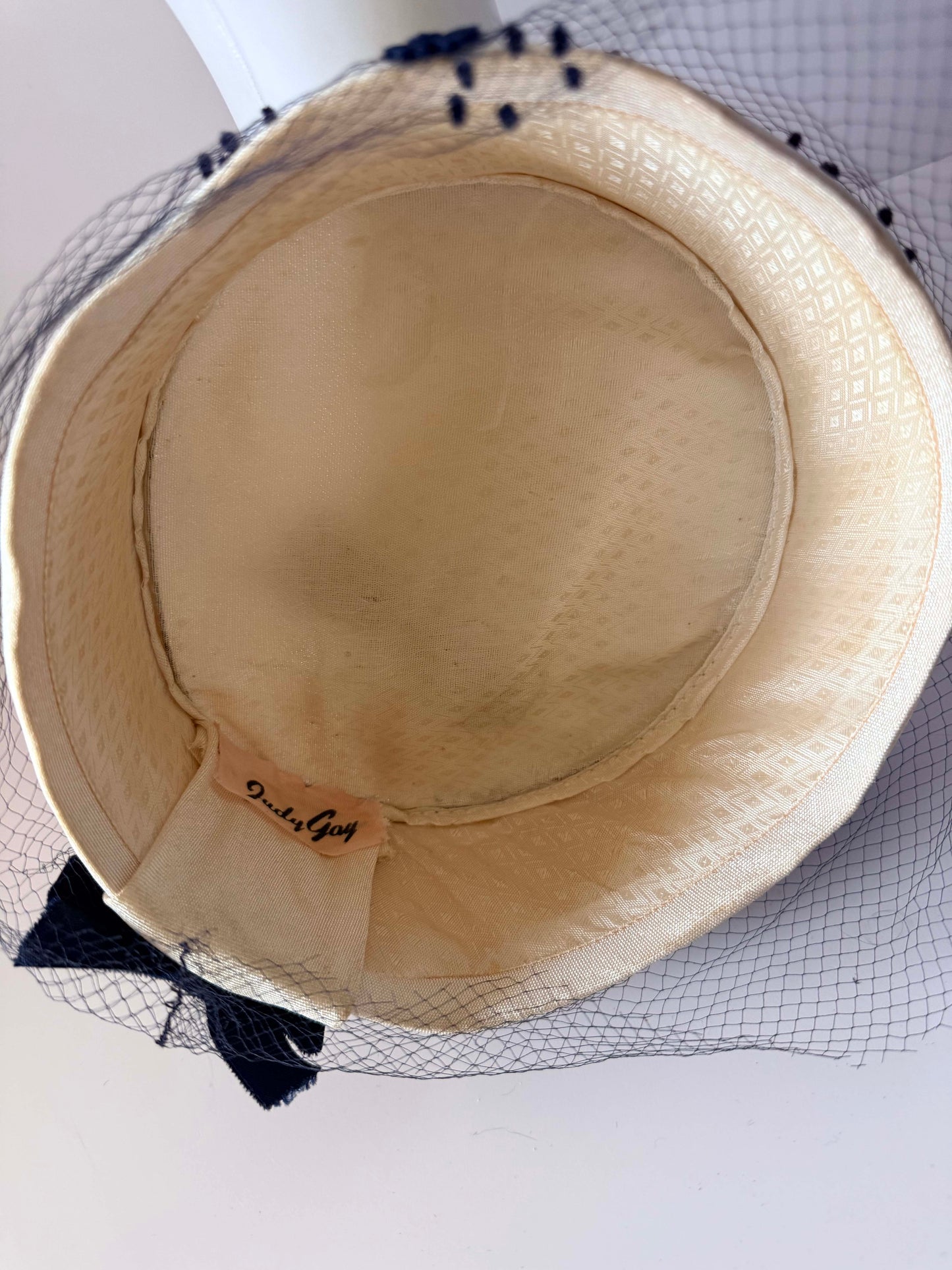 Vintage Judy Gay Pillbox Hat | Ivory Satin Hat with Black Flocked Veil | 1960s Cocktail Hat | Wedding Church Hat