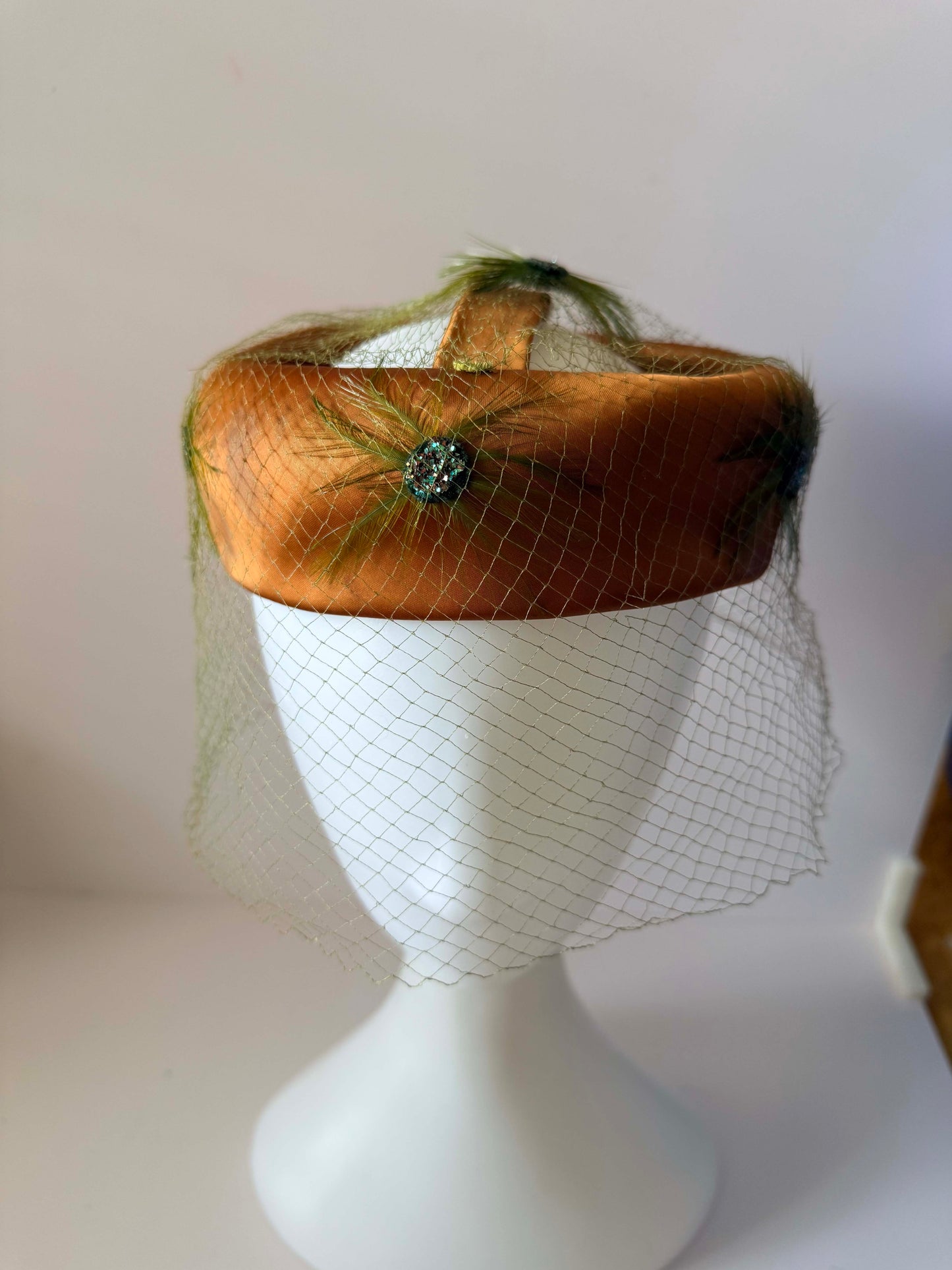 Vintage Satin Halo Hat | Brown Cocktail Hat with Birdcage Veil | 1950s 1960s Fascinator | Elegant Mid Century Millinery