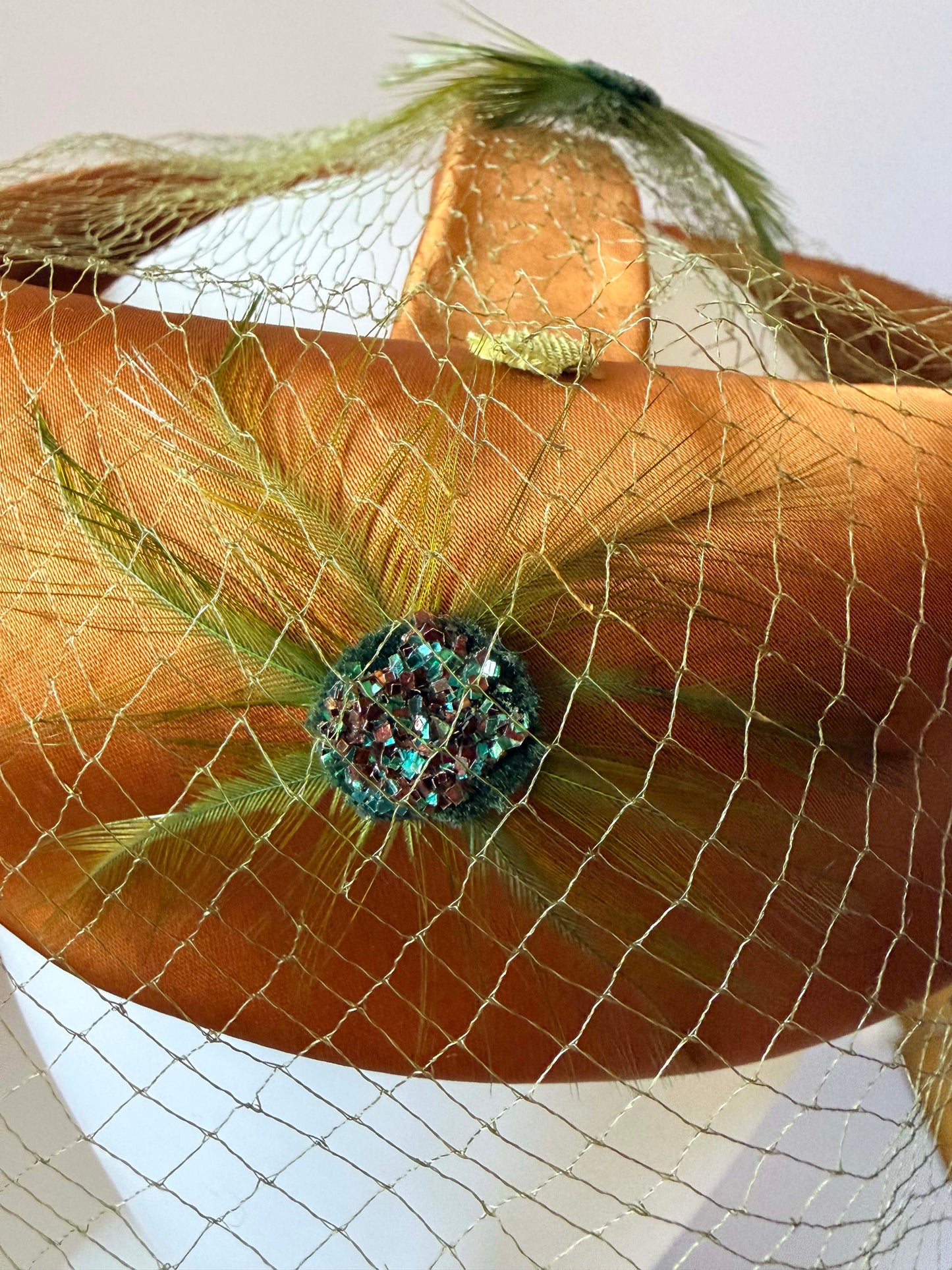 Vintage Satin Halo Hat | Brown Cocktail Hat with Birdcage Veil | 1950s 1960s Fascinator | Elegant Mid Century Millinery