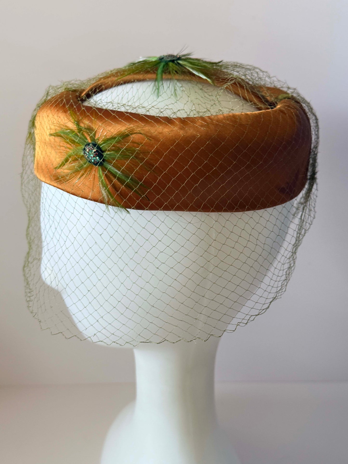 Vintage Satin Halo Hat | Brown Cocktail Hat with Birdcage Veil | 1950s 1960s Fascinator | Elegant Mid Century Millinery