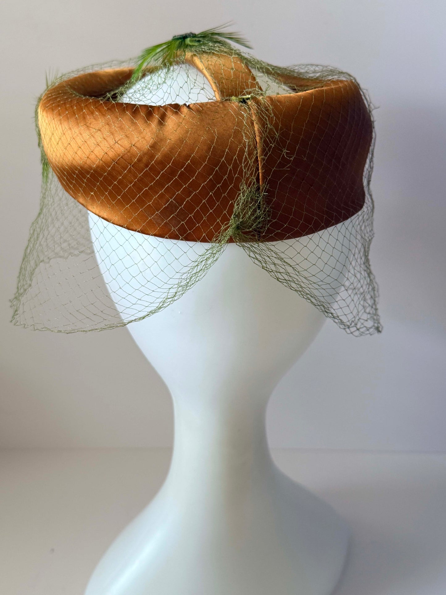 Vintage Satin Halo Hat | Brown Cocktail Hat with Birdcage Veil | 1950s 1960s Fascinator | Elegant Mid Century Millinery