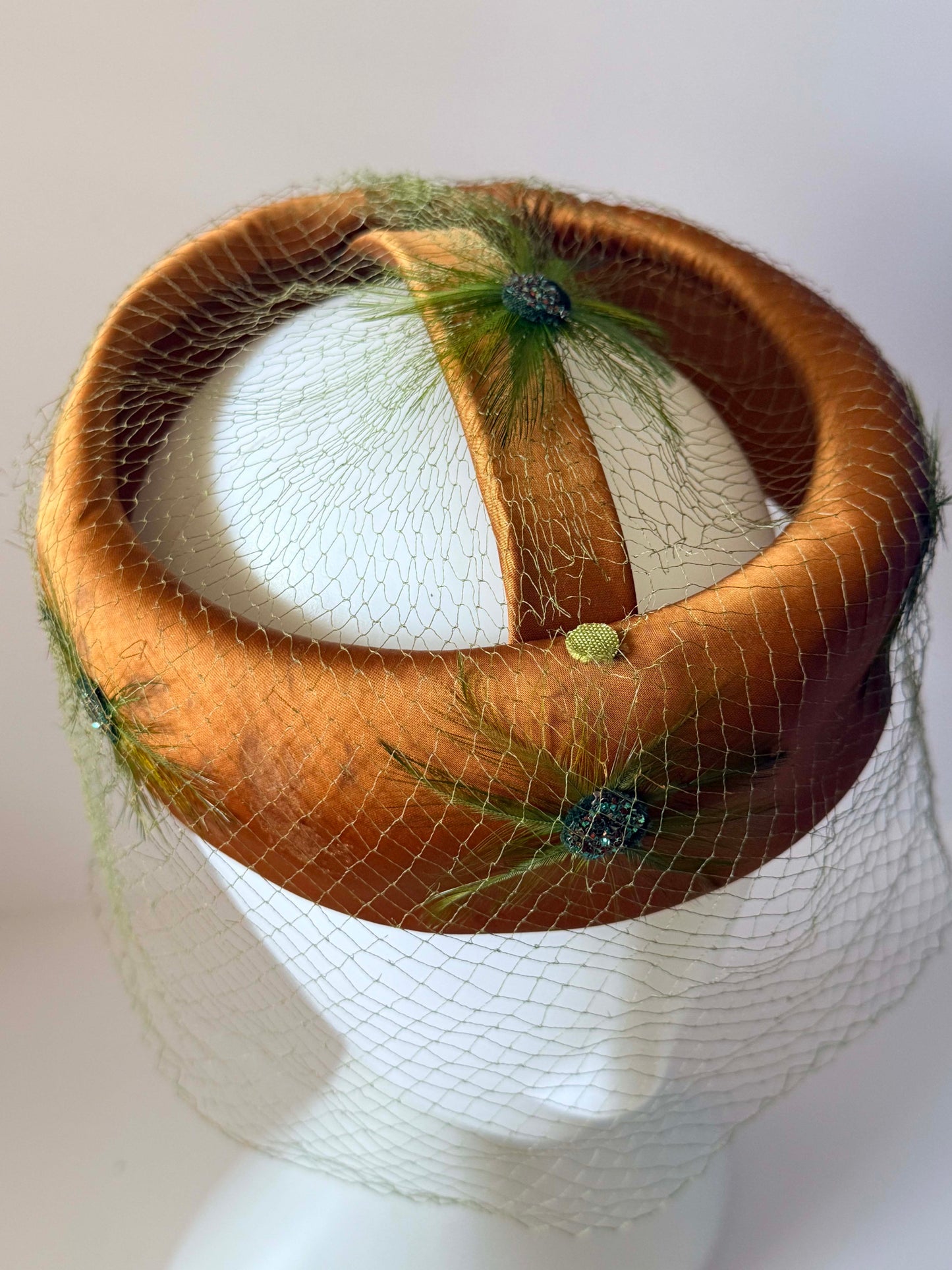 Vintage Satin Halo Hat | Brown Cocktail Hat with Birdcage Veil | 1950s 1960s Fascinator | Elegant Mid Century Millinery