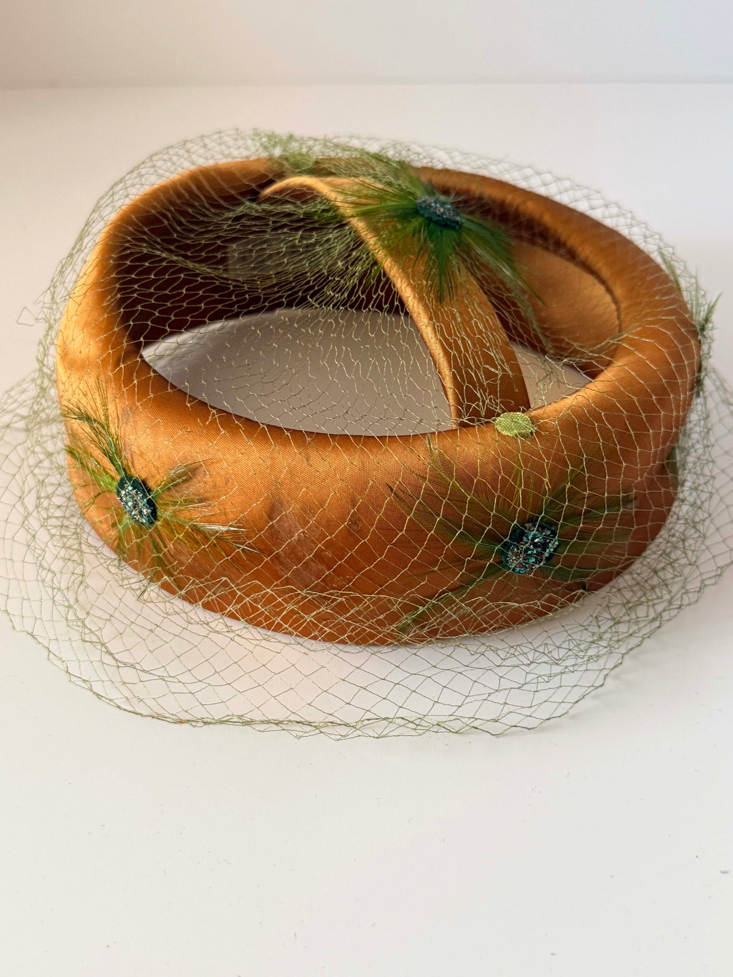 Vintage Satin Halo Hat | Brown Cocktail Hat with Birdcage Veil | 1950s 1960s Fascinator | Elegant Mid Century Millinery