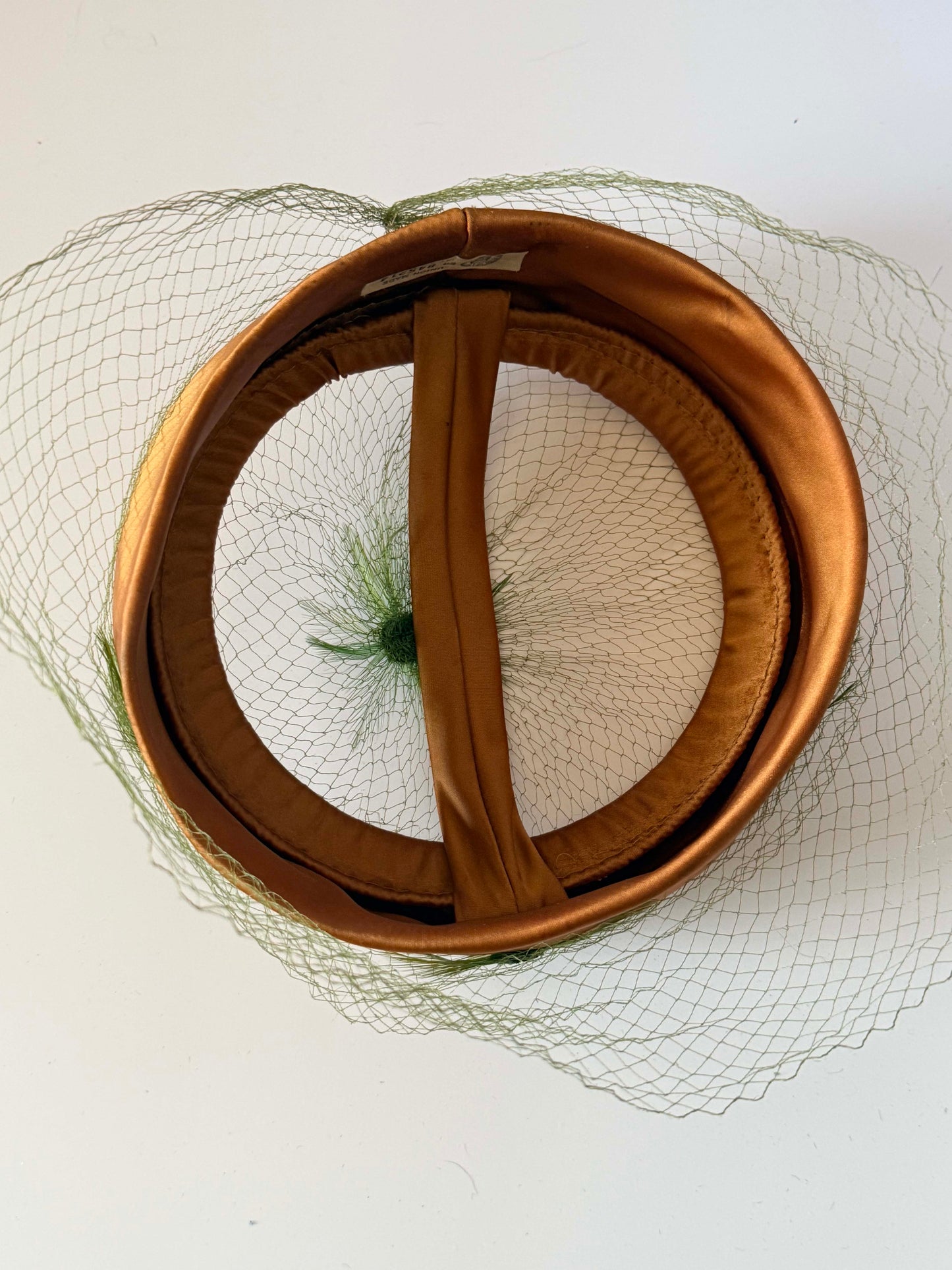 Vintage Satin Halo Hat | Brown Cocktail Hat with Birdcage Veil | 1950s 1960s Fascinator | Elegant Mid Century Millinery