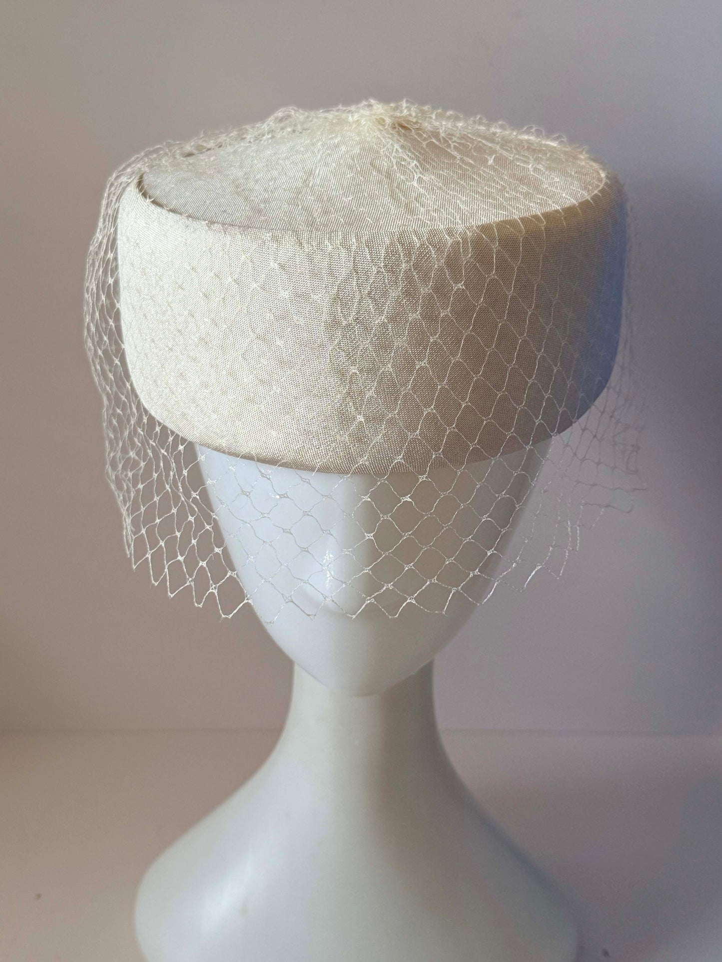 Vintage Judy Gay Ivory Pillbox Hat with Birdcage Veil | 1960s Bridal Cocktail Hat | Mid Century Wedding Hat