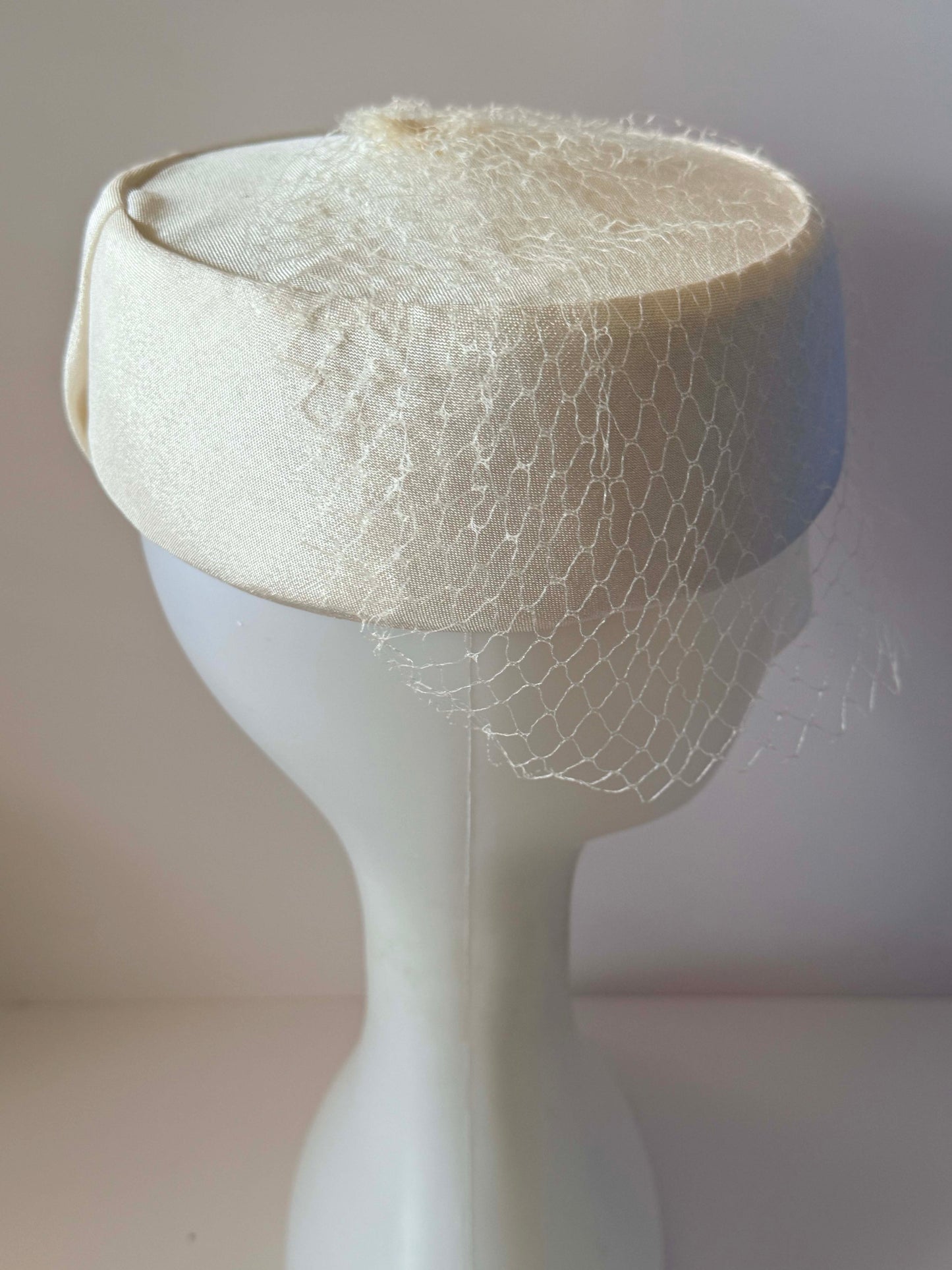 Vintage Judy Gay Ivory Pillbox Hat with Birdcage Veil | 1960s Bridal Cocktail Hat | Mid Century Wedding Hat
