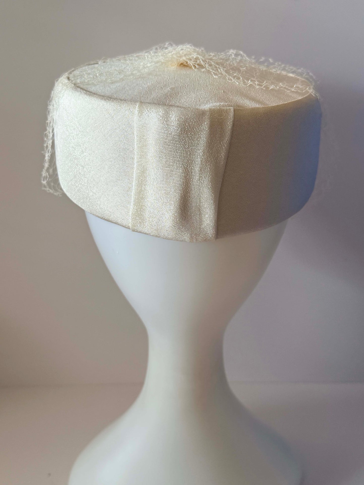 Vintage Judy Gay Ivory Pillbox Hat with Birdcage Veil | 1960s Bridal Cocktail Hat | Mid Century Wedding Hat