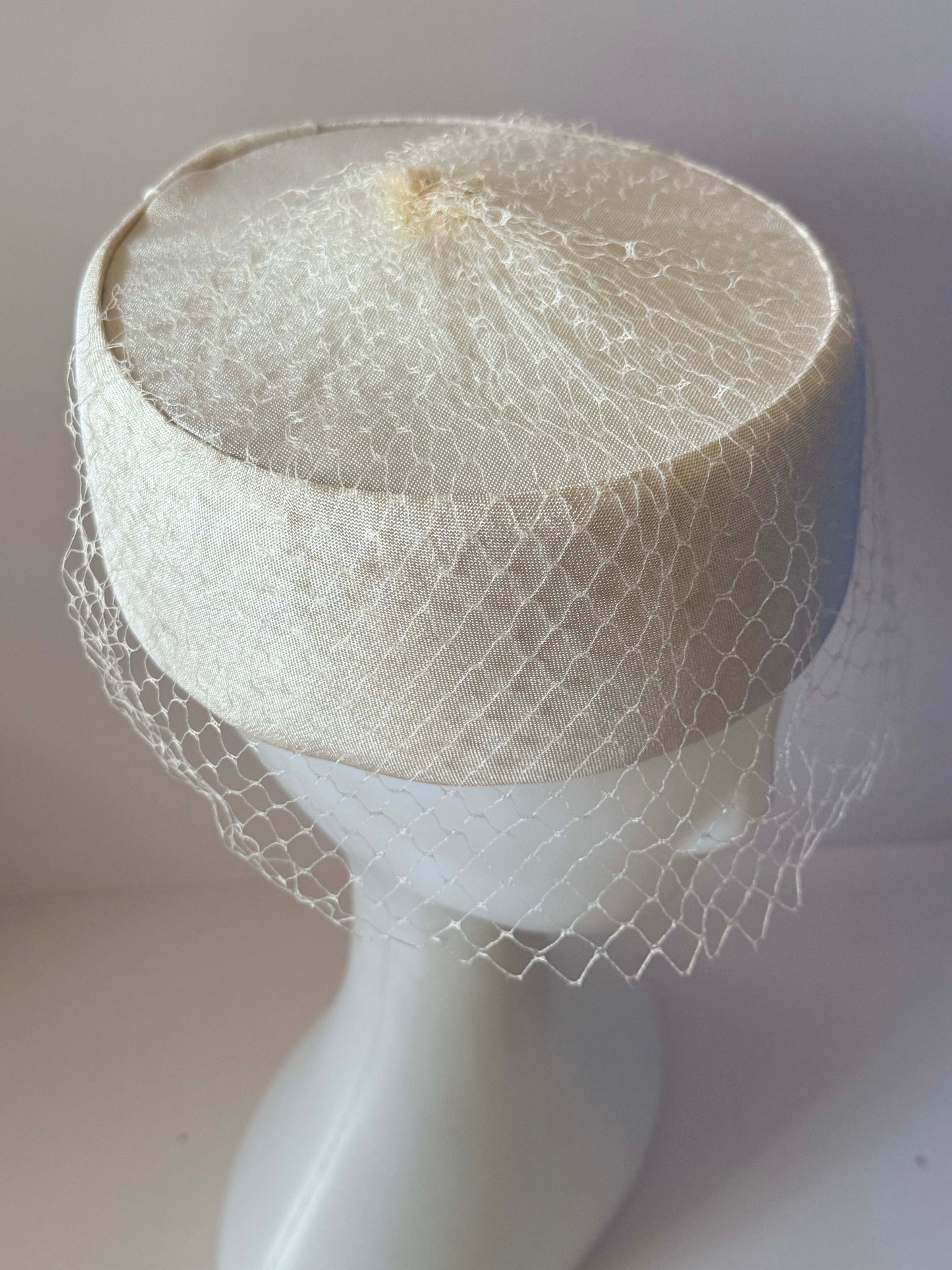 Vintage Judy Gay Ivory Pillbox Hat with Birdcage Veil | 1960s Bridal Cocktail Hat | Mid Century Wedding Hat