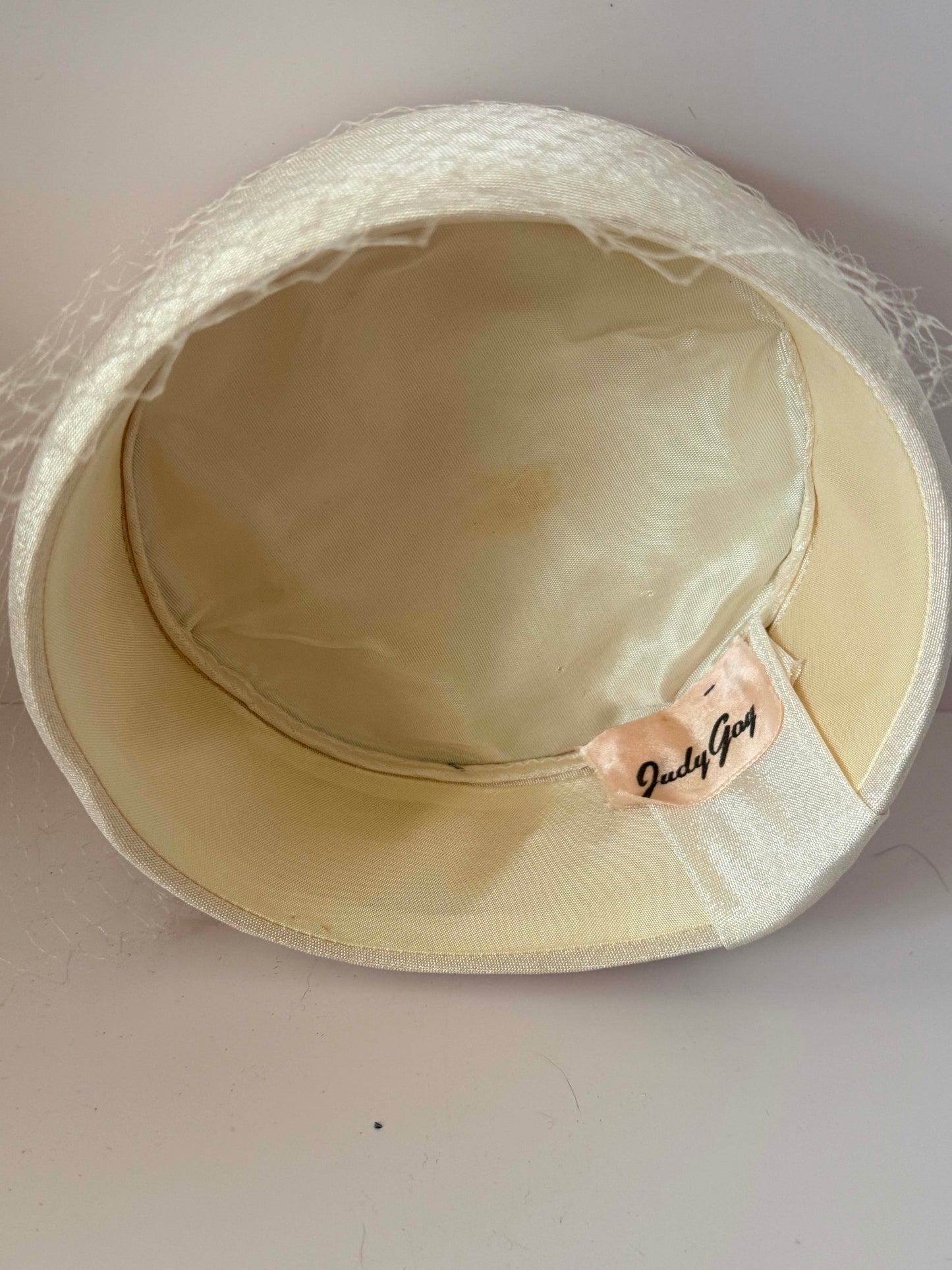 Vintage Judy Gay Ivory Pillbox Hat with Birdcage Veil | 1960s Bridal Cocktail Hat | Mid Century Wedding Hat
