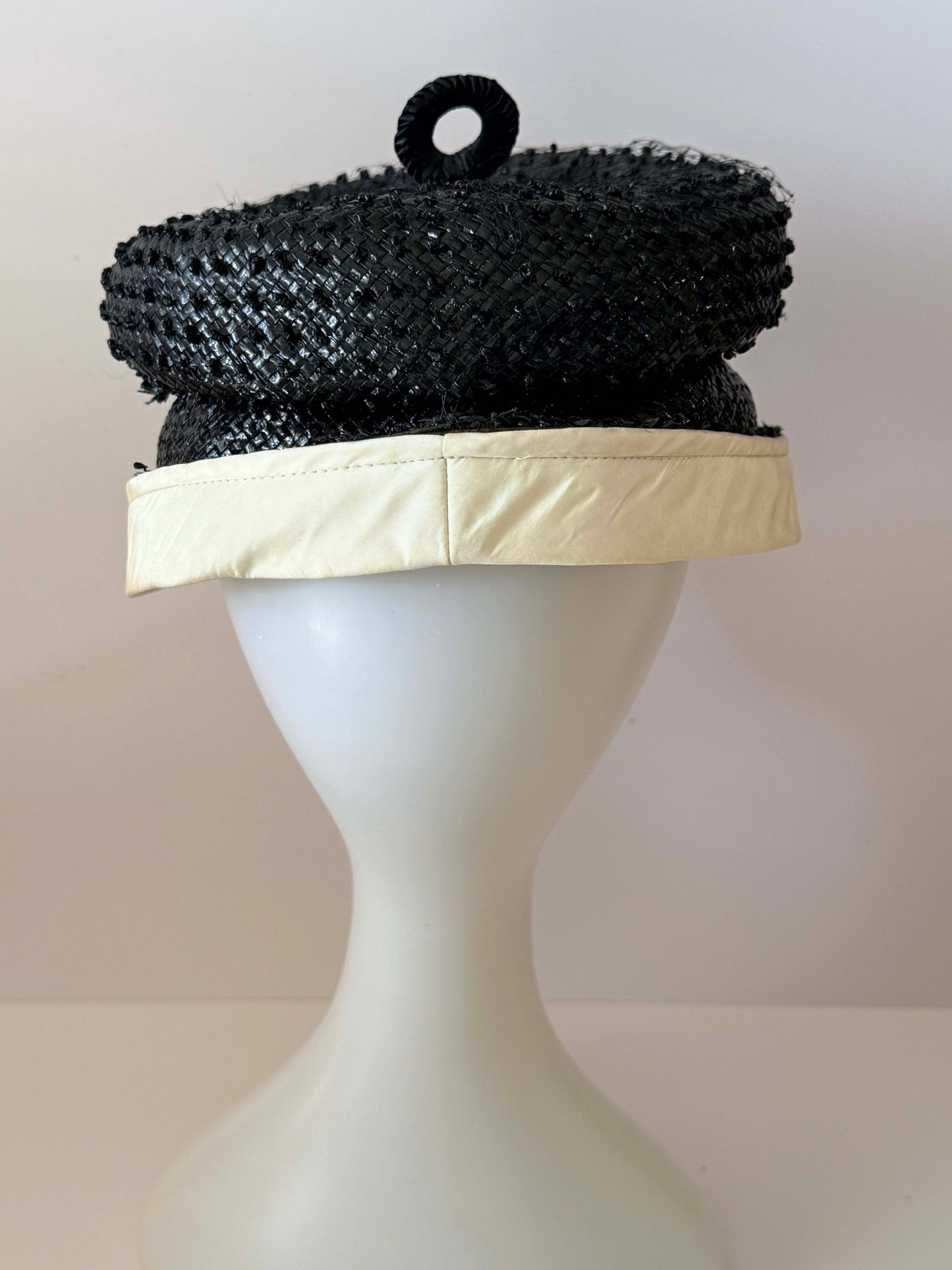 Vintage Erma B by Stephen Anne Black Woven Straw Pillbox Hat with Ivory Band – 1950s Sculptural Hat