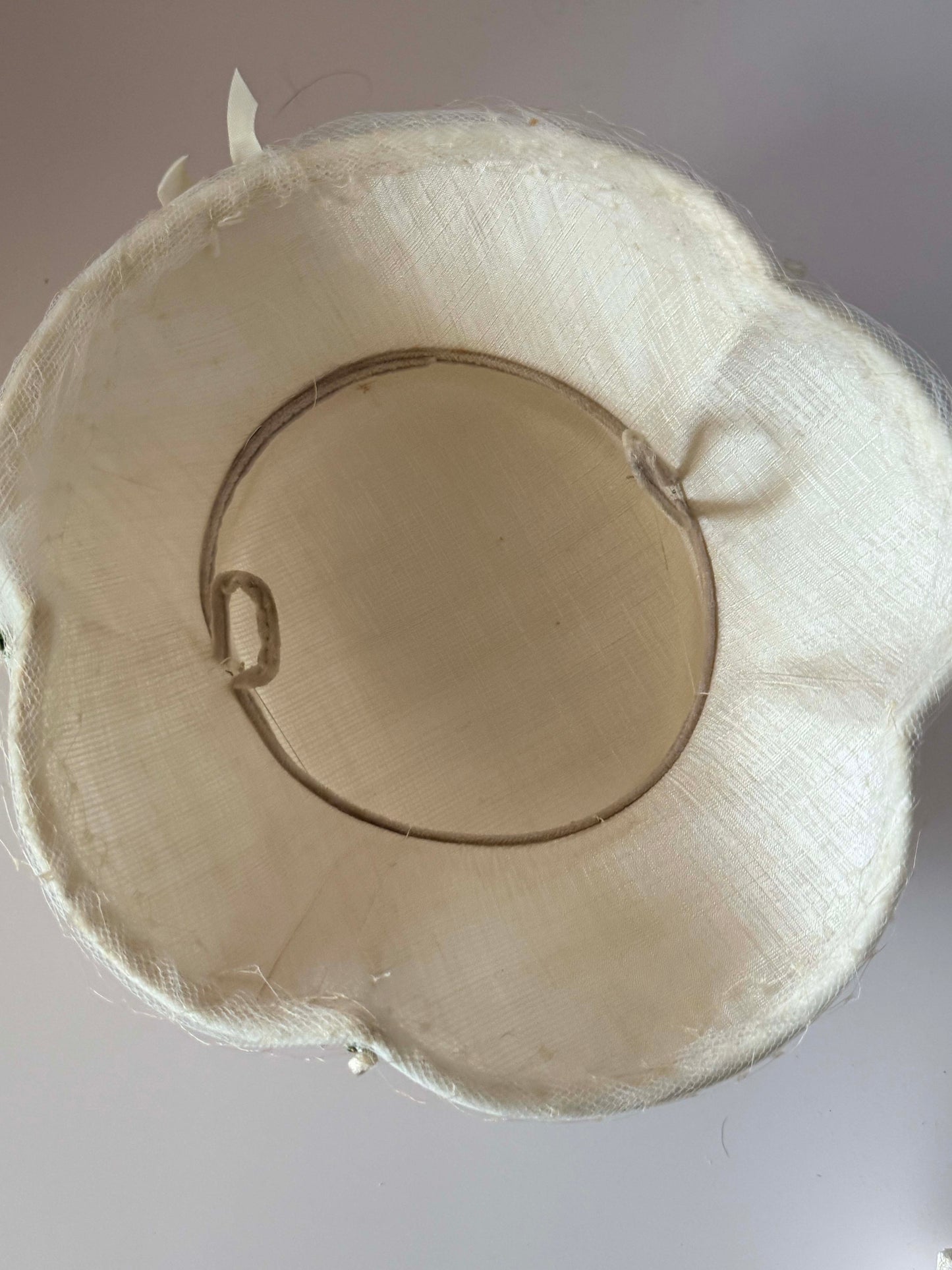 Vintage Ivory Silk Picture Hat | 1950s Wide Brim Cocktail Hat | Bridal Hat with Floral Buds &amp; Textured Veiling