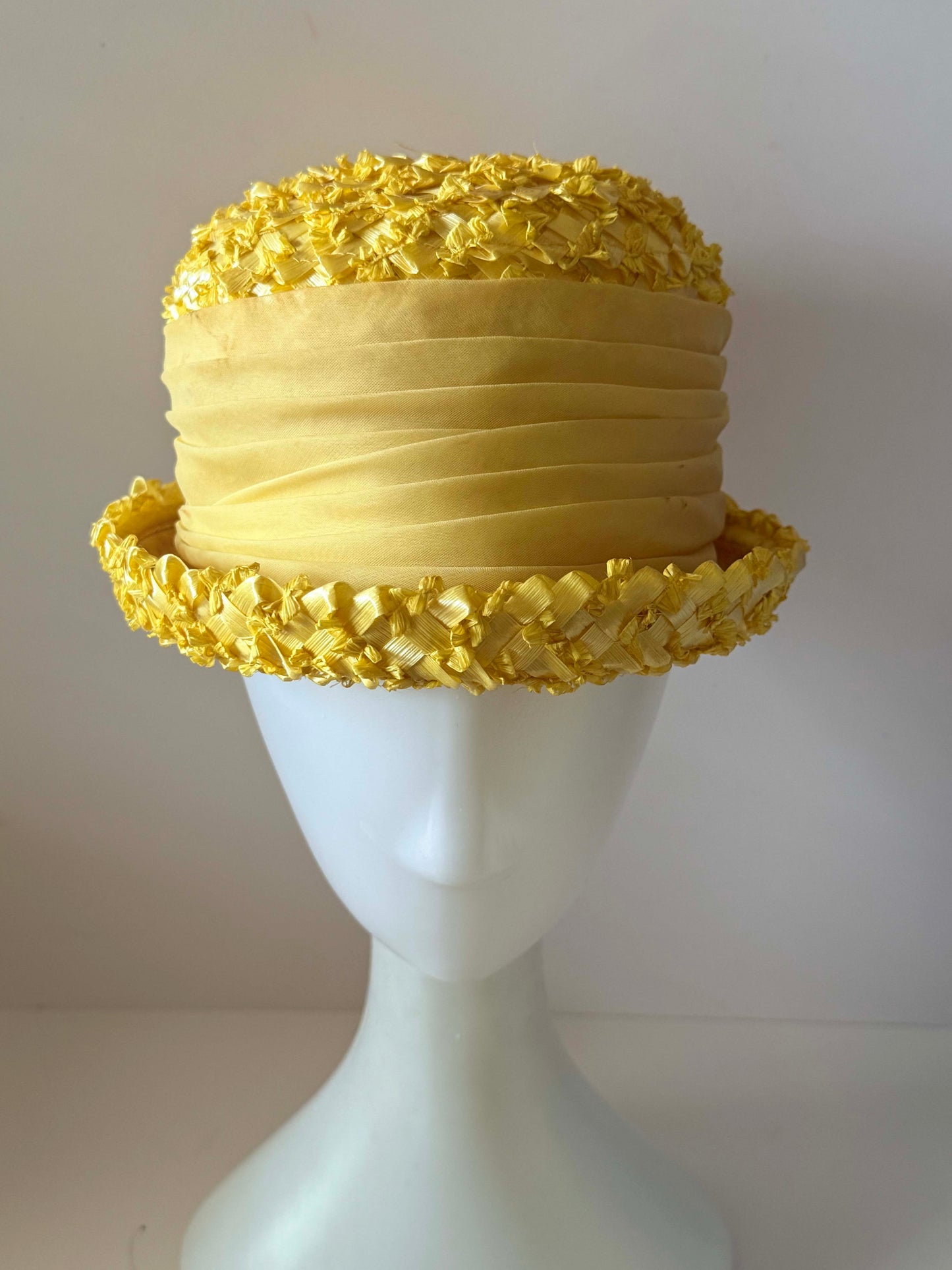 Vintage Yellow Breton Hat | Textured Straw Summer Hat | Lemon Yellow Ribbon Crown Hat | Mid Century Women's Millinery