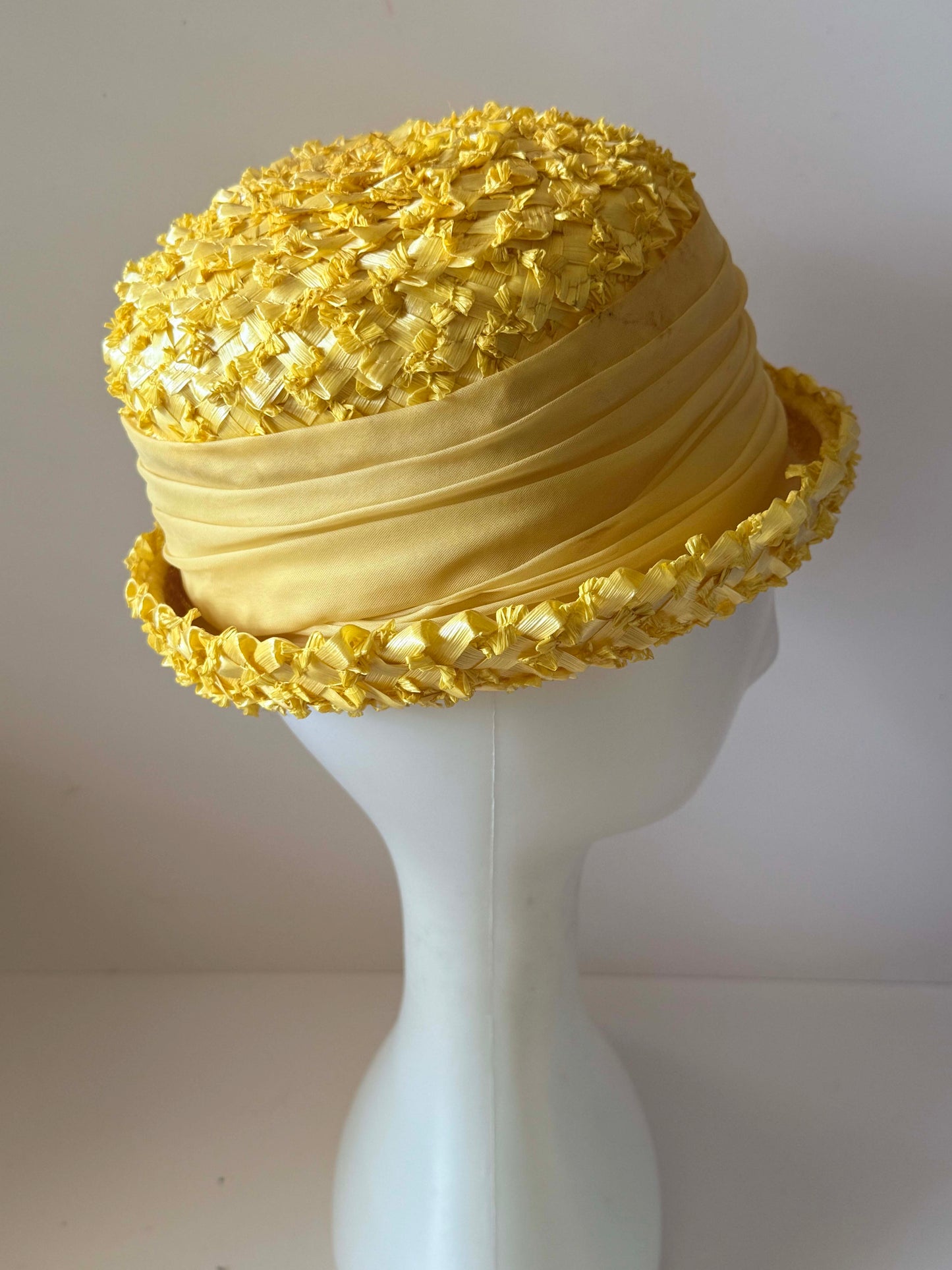 Vintage Yellow Breton Hat | Textured Straw Summer Hat | Lemon Yellow Ribbon Crown Hat | Mid Century Women's Millinery