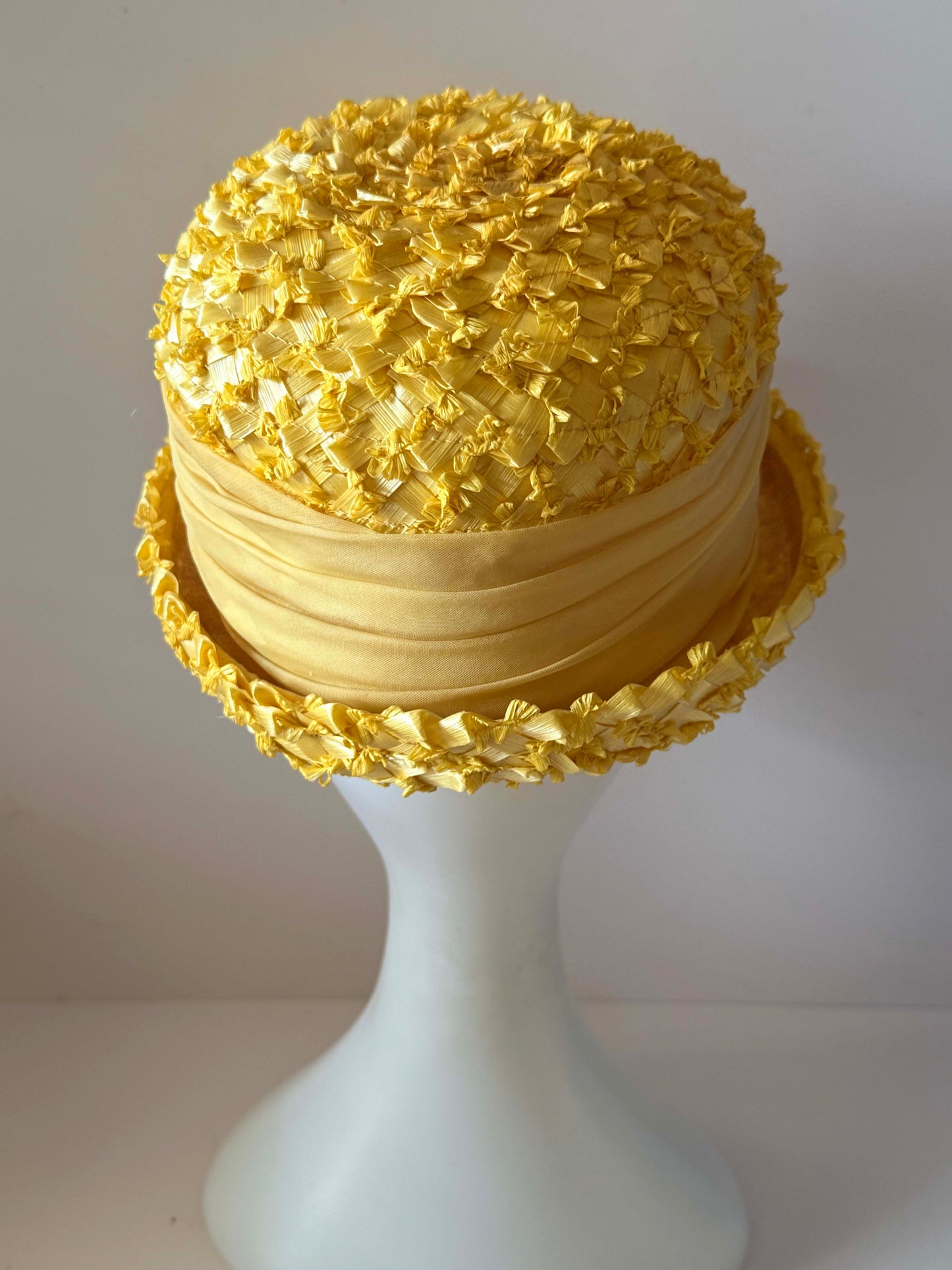 Vintage Yellow Breton Hat | Textured Straw Summer Hat | Lemon Yellow Ribbon Crown Hat | Mid Century Women's Millinery