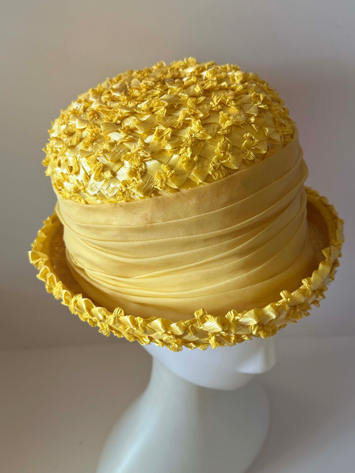 Vintage Yellow Breton Hat | Textured Straw Summer Hat | Lemon Yellow Ribbon Crown Hat | Mid Century Women's Millinery