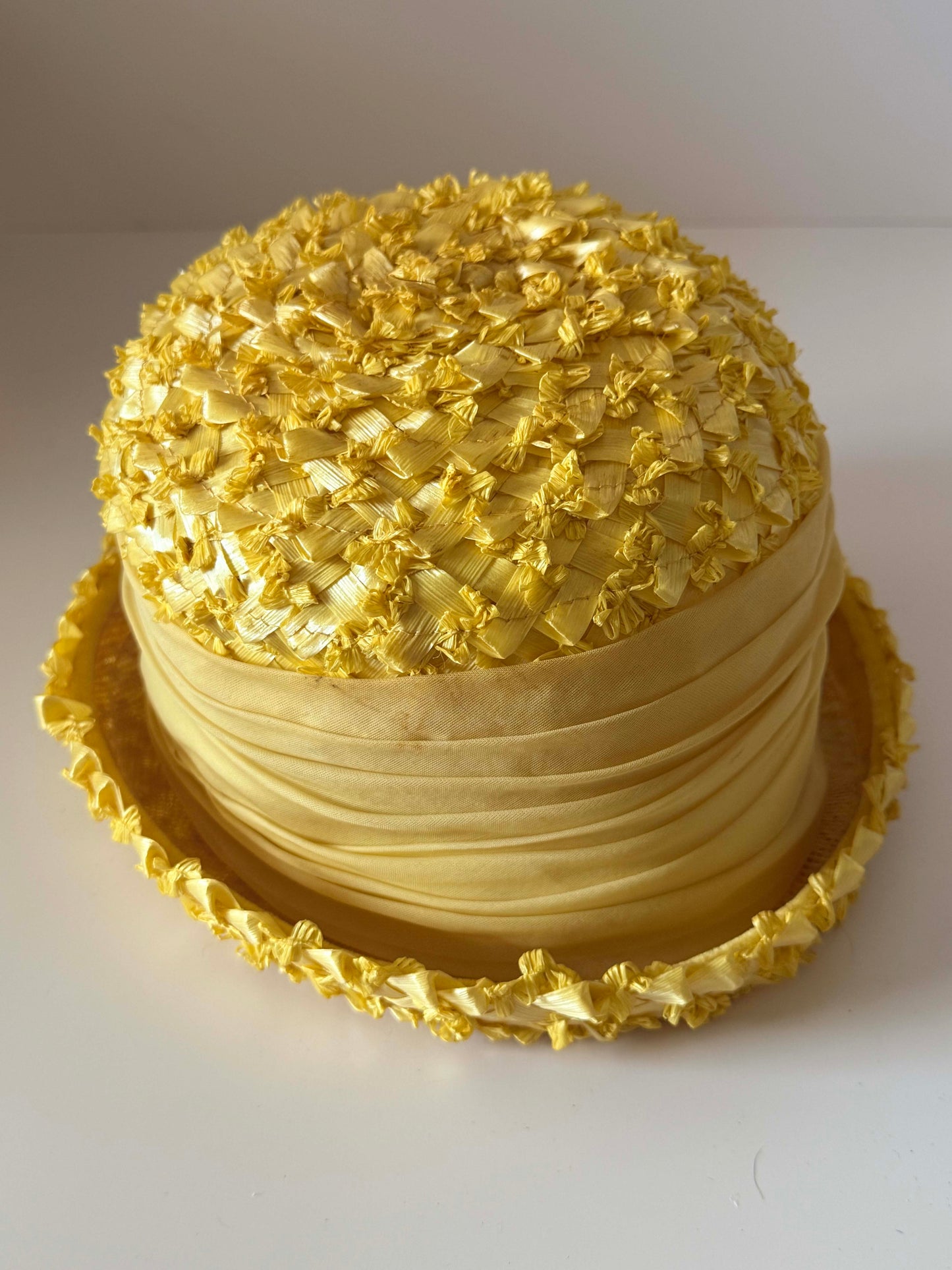 Vintage Yellow Breton Hat | Textured Straw Summer Hat | Lemon Yellow Ribbon Crown Hat | Mid Century Women's Millinery