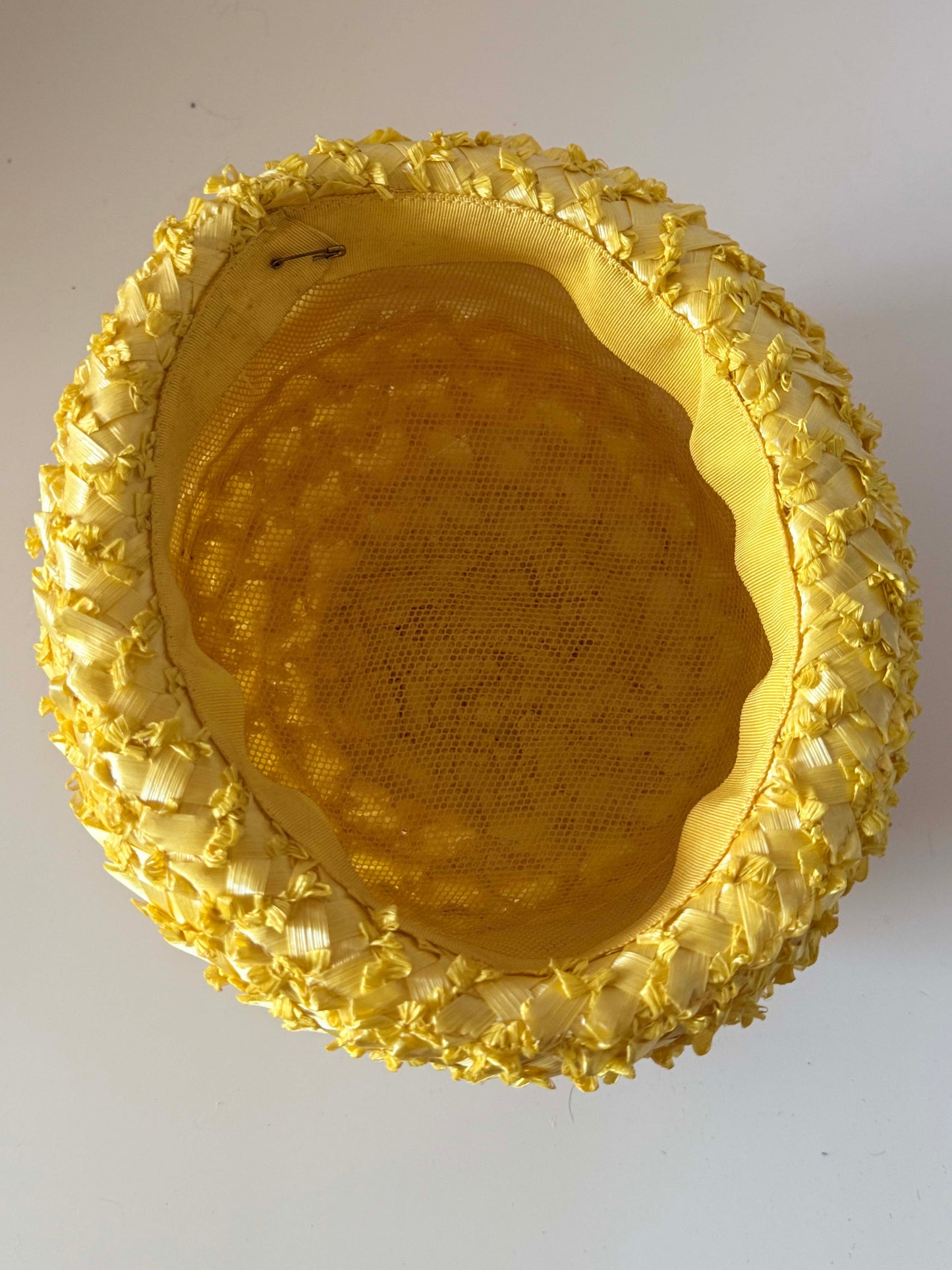 Vintage Yellow Breton Hat | Textured Straw Summer Hat | Lemon Yellow Ribbon Crown Hat | Mid Century Women's Millinery