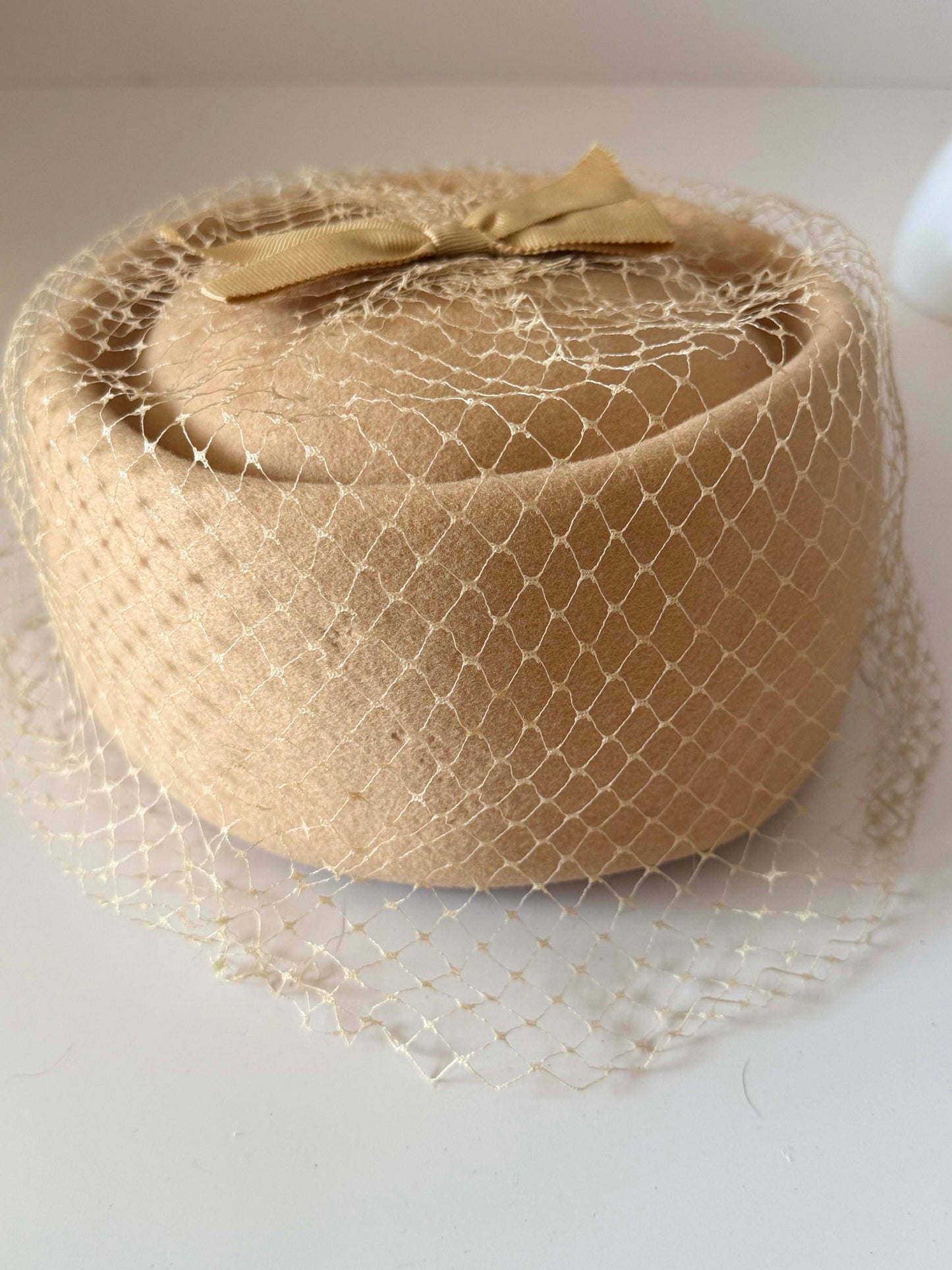Vintage Camel Pillbox Hat | 196oc0s Felt Cktail Hat with Birdcage Veil | Mid Century Wedding & Church Hat