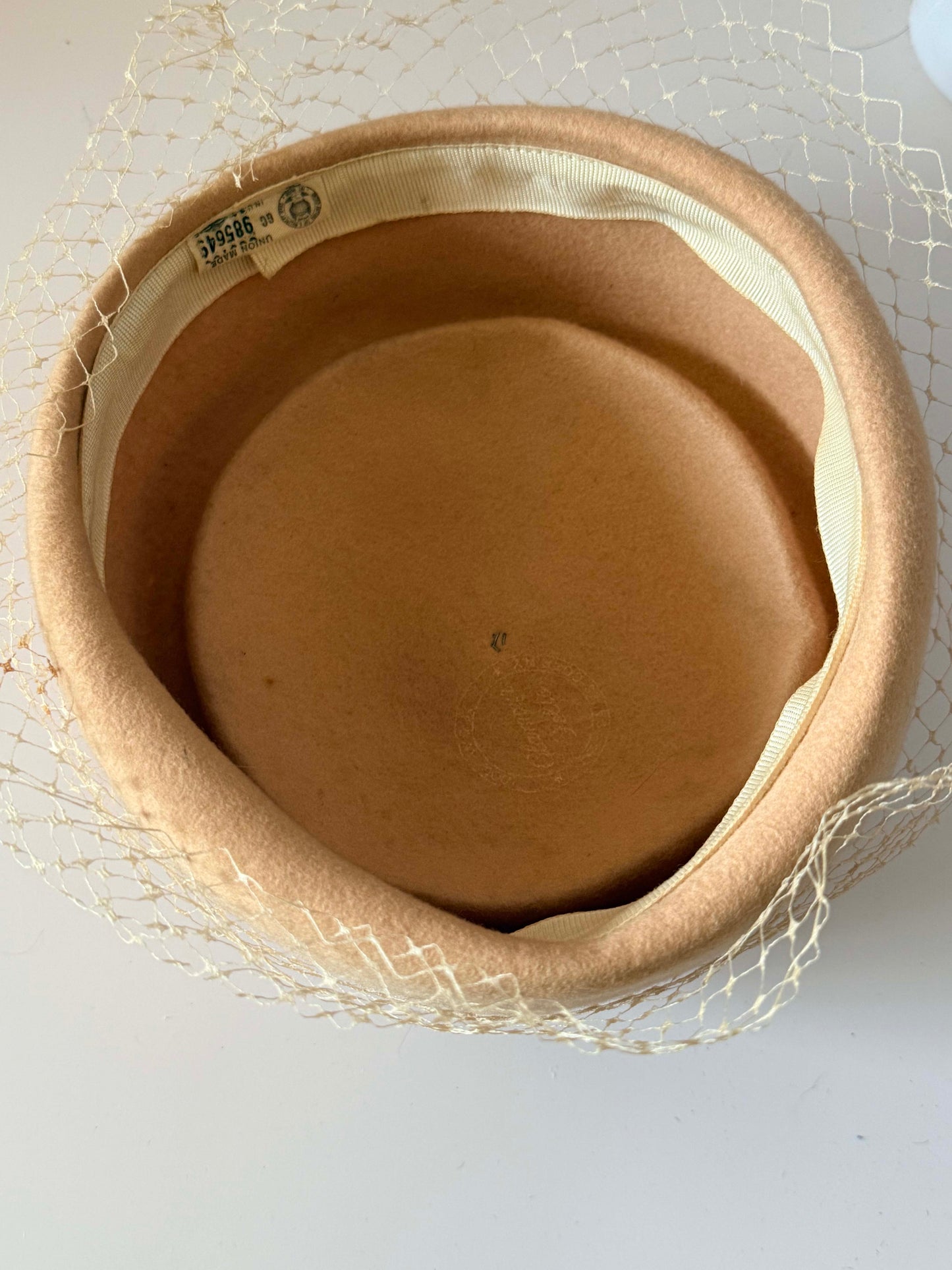 Vintage Camel Pillbox Hat | 196oc0s Felt Cktail Hat with Birdcage Veil | Mid Century Wedding & Church Hat