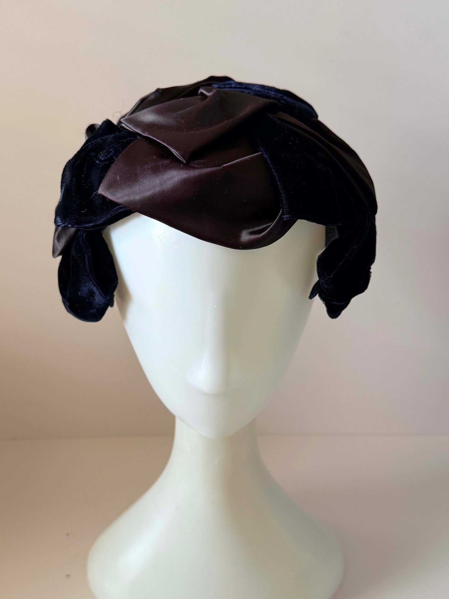 Vintage Inky Blue Black Velvet & Satin Cocktail Hat | Sculptural Draped Half Hat | Mid Century Evening Fascinator | Vintage Millinery