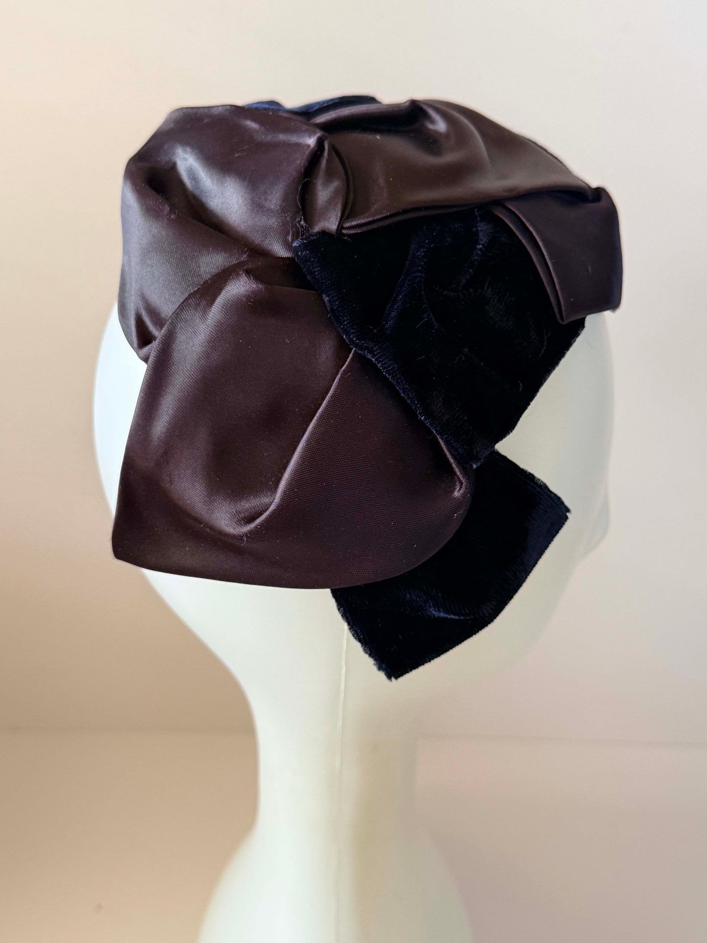 Vintage Inky Blue Black Velvet & Satin Cocktail Hat | Sculptural Draped Half Hat | Mid Century Evening Fascinator | Vintage Millinery