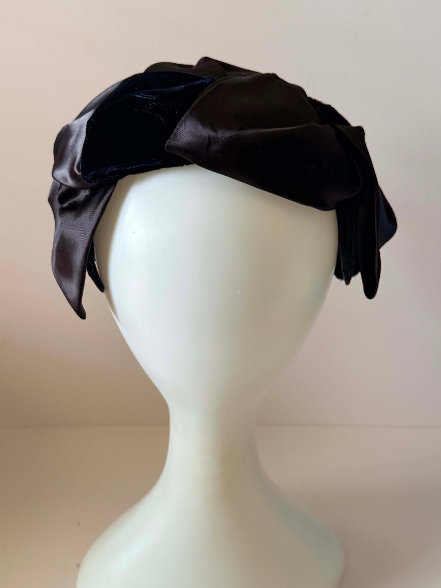 Vintage Inky Blue Black Velvet & Satin Cocktail Hat | Sculptural Draped Half Hat | Mid Century Evening Fascinator | Vintage Millinery