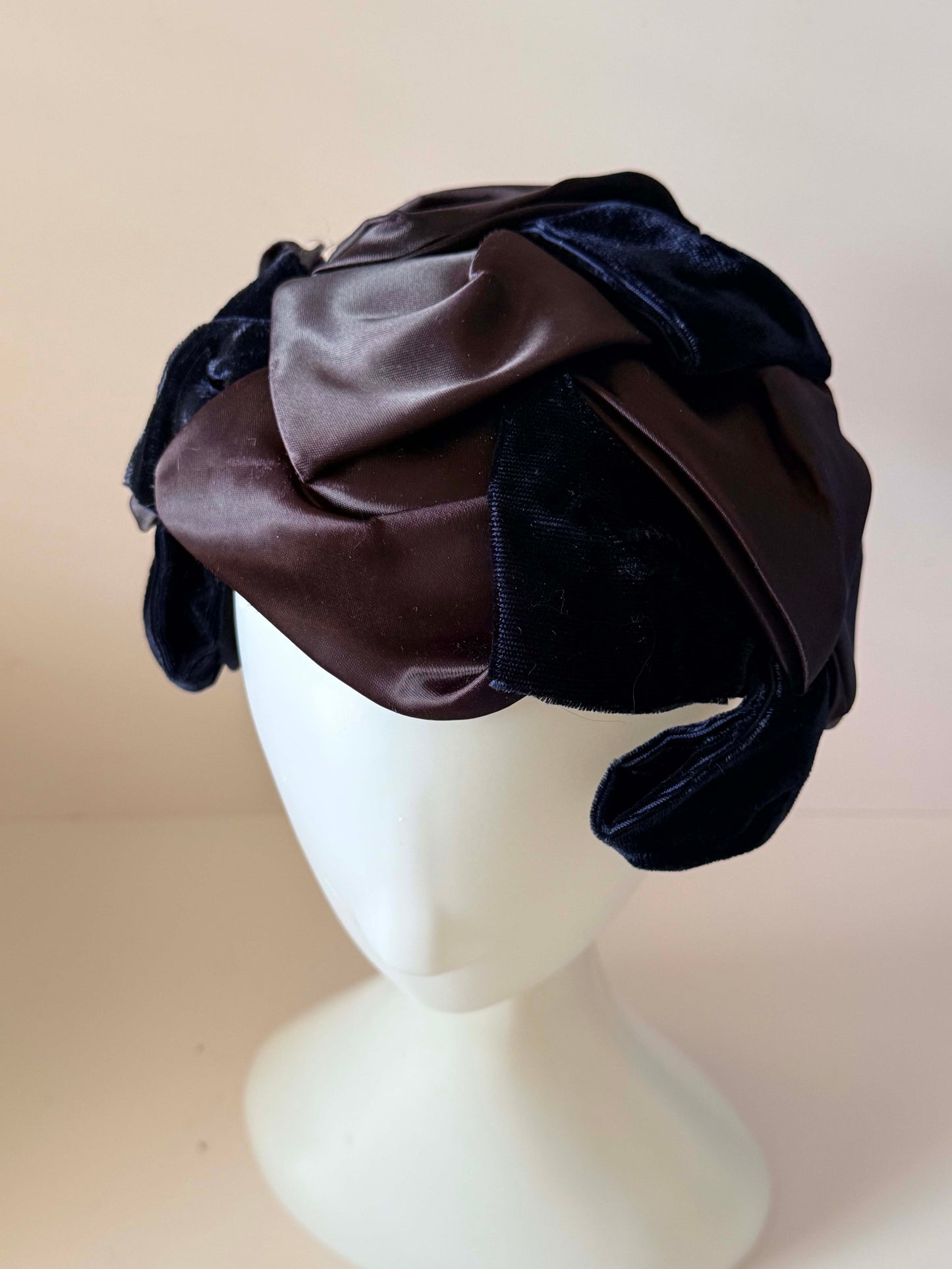 Vintage Inky Blue Black Velvet & Satin Cocktail Hat | Sculptural Draped Half Hat | Mid Century Evening Fascinator | Vintage Millinery