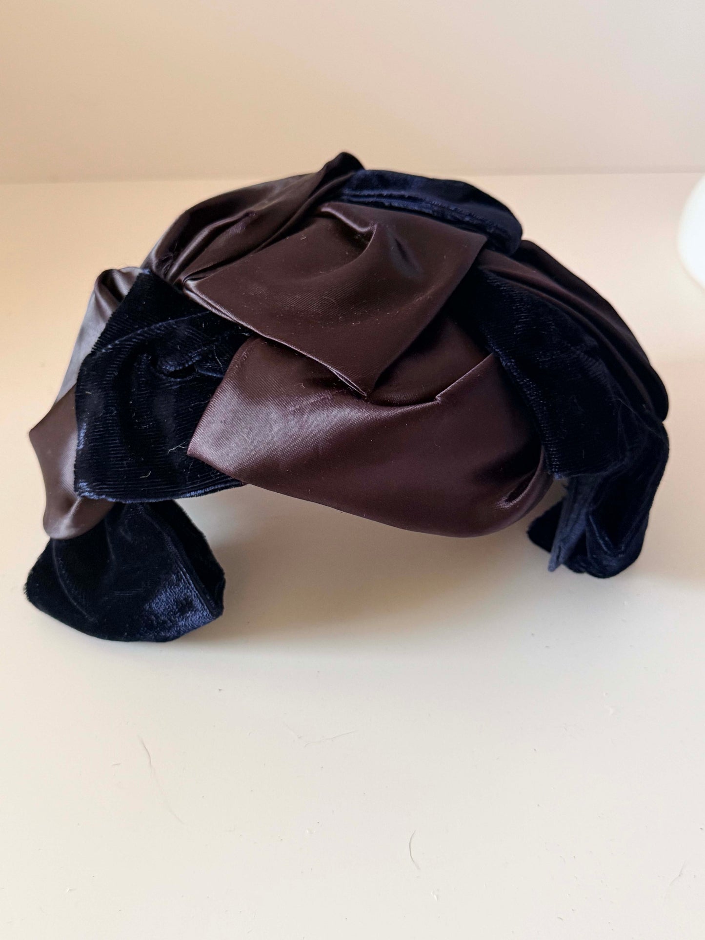 Vintage Inky Blue Black Velvet & Satin Cocktail Hat | Sculptural Draped Half Hat | Mid Century Evening Fascinator | Vintage Millinery