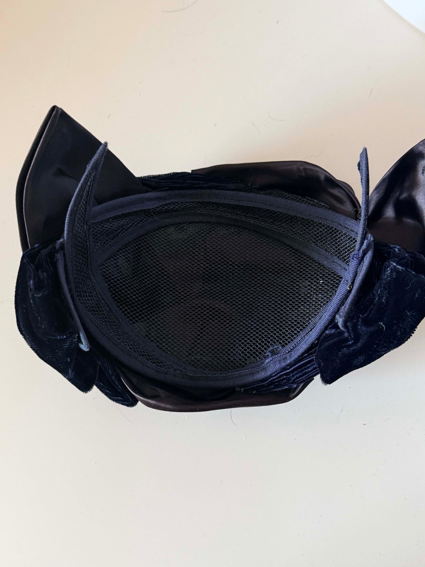 Vintage Inky Blue Black Velvet & Satin Cocktail Hat | Sculptural Draped Half Hat | Mid Century Evening Fascinator | Vintage Millinery