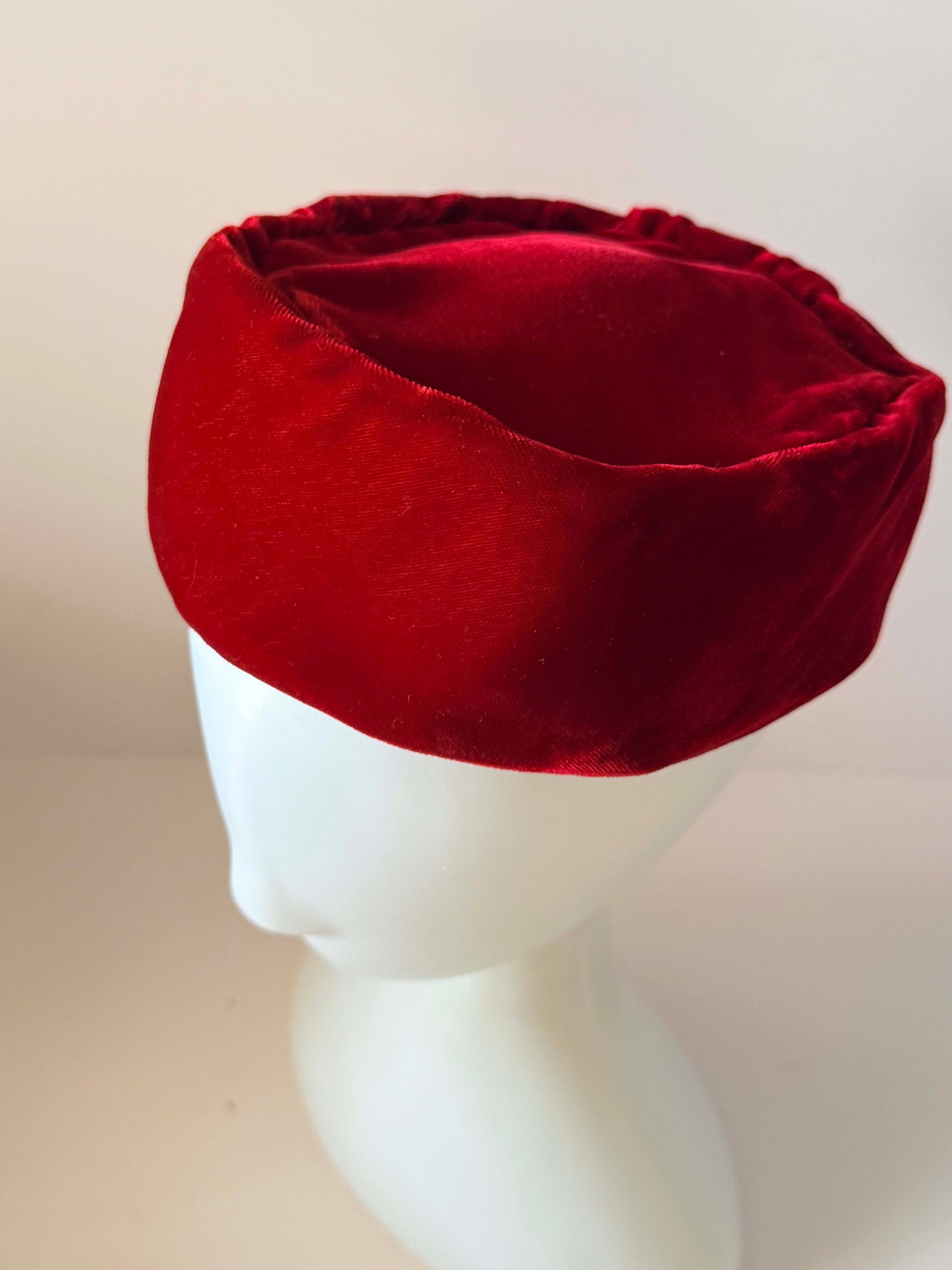 Vintage Red Velvet Pillbox Hat | Crimson Velvet Toque | 1950s 1960s Cocktail Hat | Mid Century Women's Hat