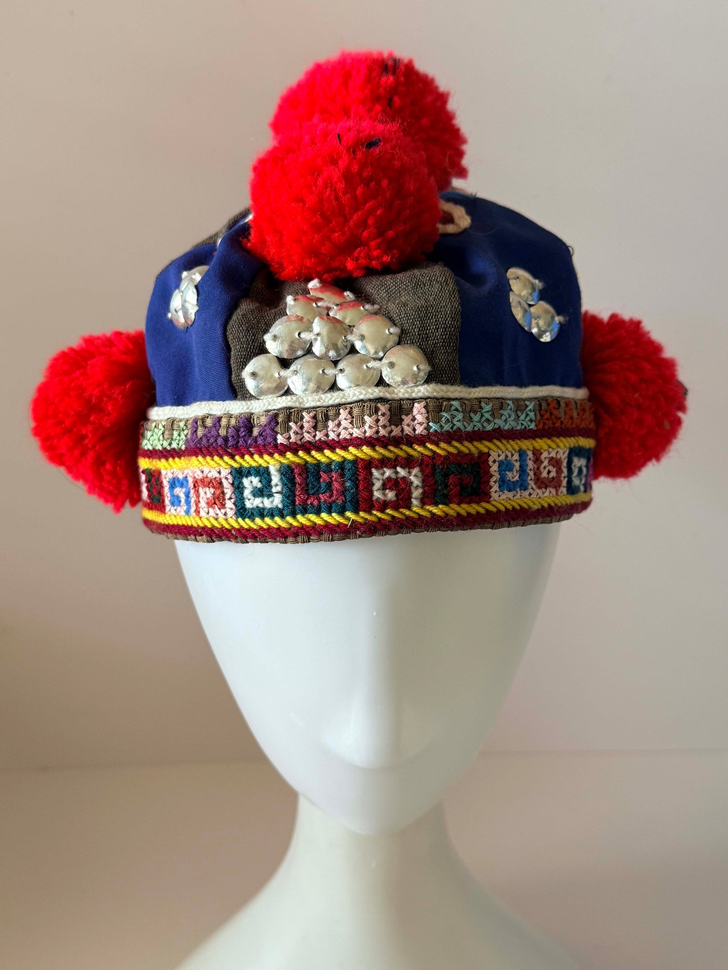 Vintage Hmong Pom Pom Hat | Handmade Tribal Embroidered Cap | Ethnic Folk Art Textile Headdress | Boho Festival Hat
