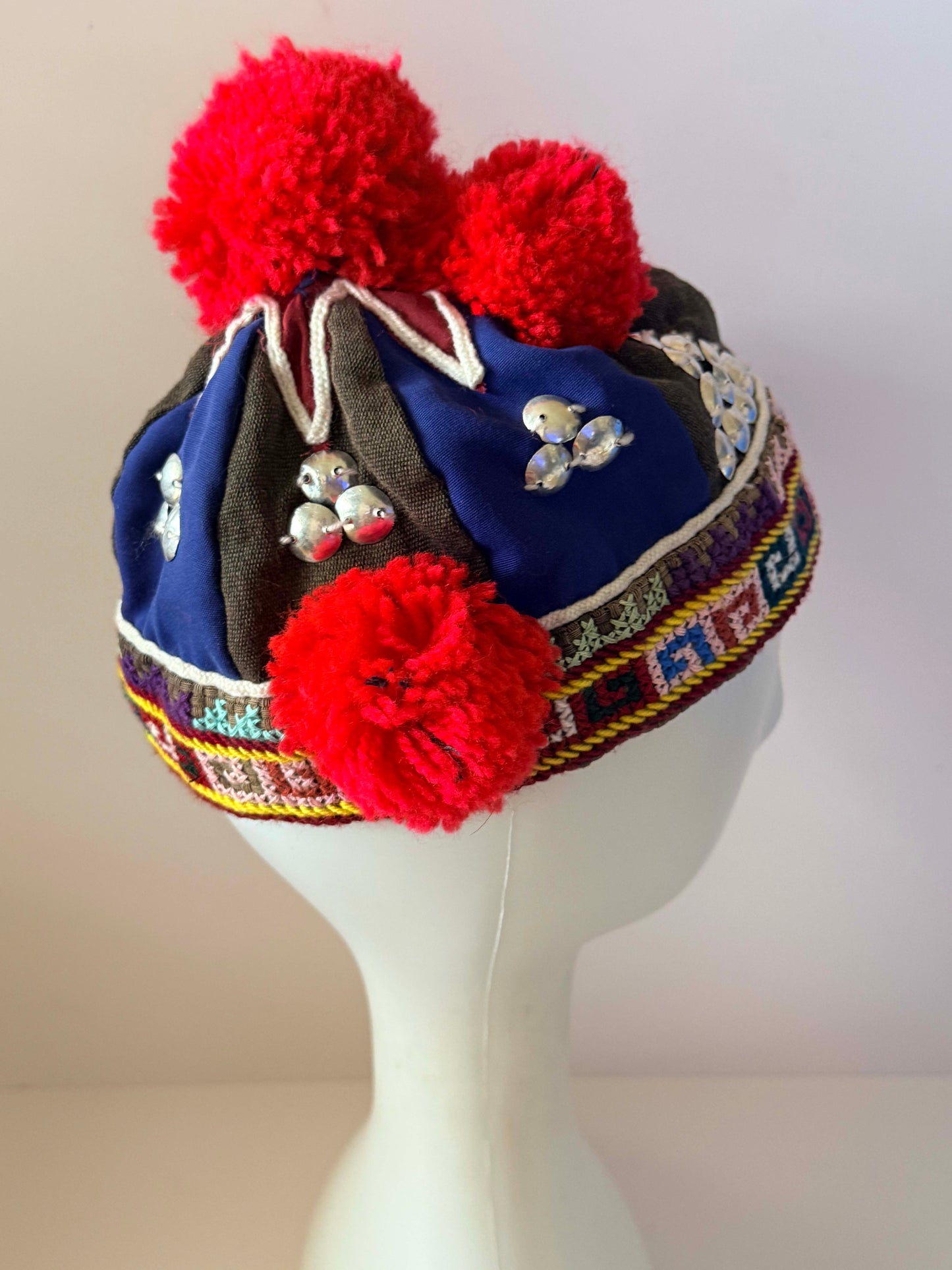 Vintage Hmong Pom Pom Hat | Handmade Tribal Embroidered Cap | Ethnic Folk Art Textile Headdress | Boho Festival Hat